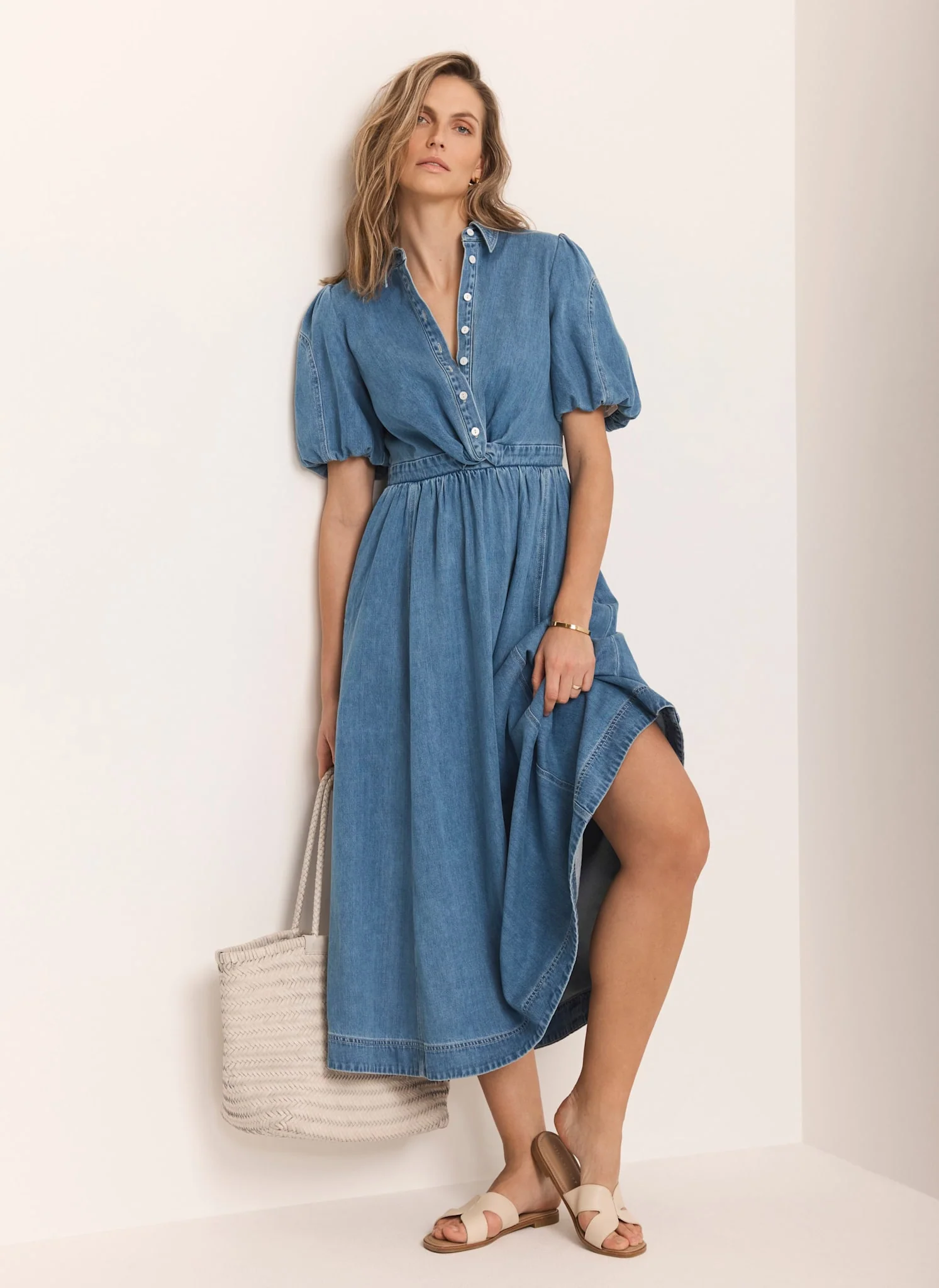 Mid Indigo Denim Twist Midi Dress - Image 6