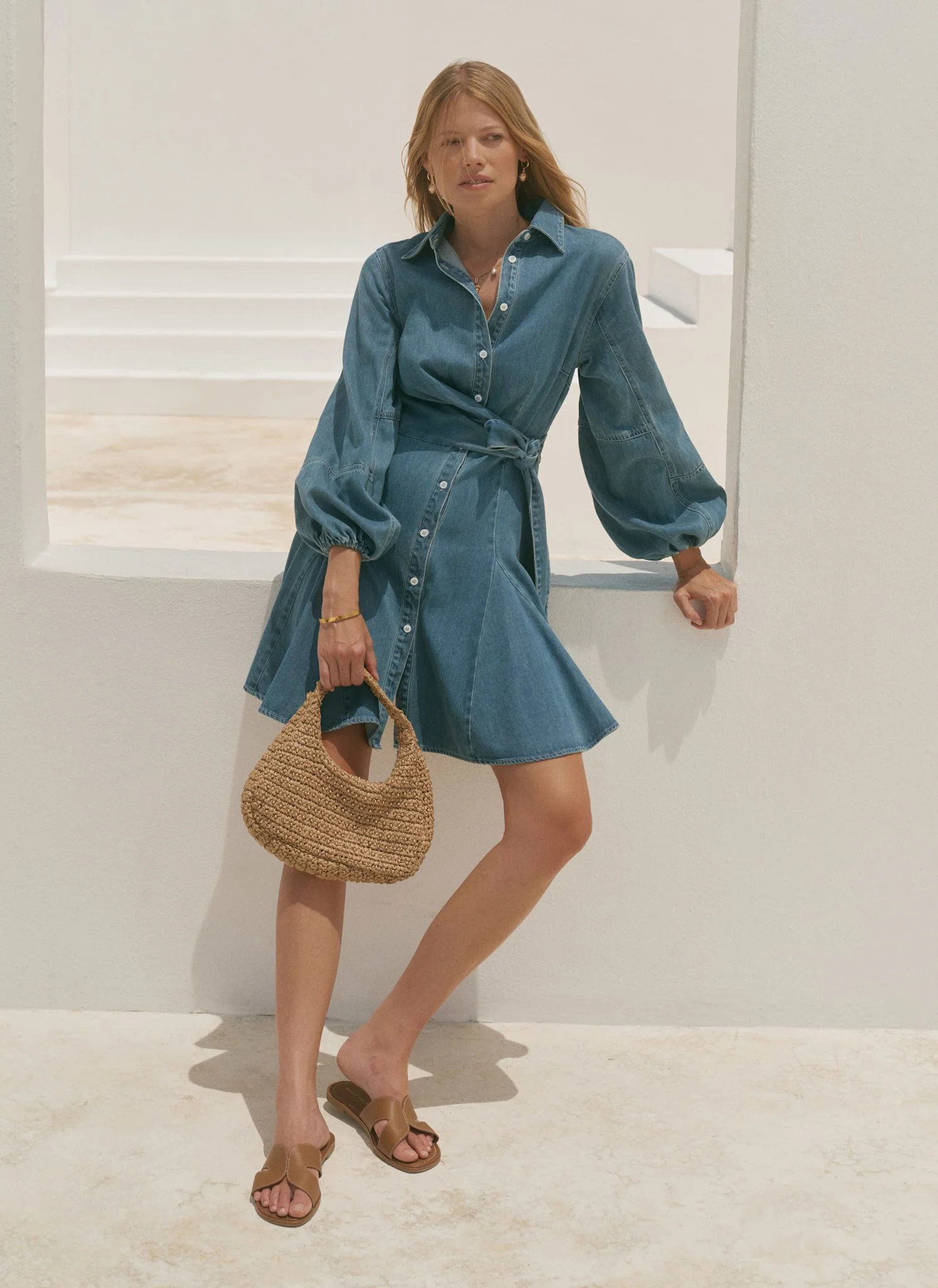 Mid Indigo Denim Long Sleeve Mini Shirt Dress