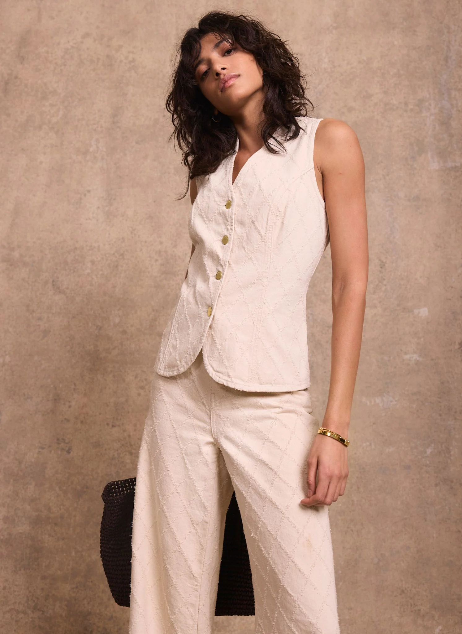 Cream Denim Diamond Textured Waistcoat - Image 4