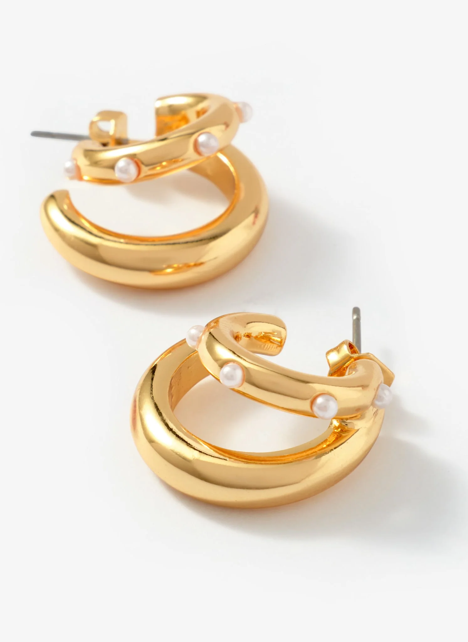 Gold Tone Mini Double Hoop Pearl Earrings - Image 4