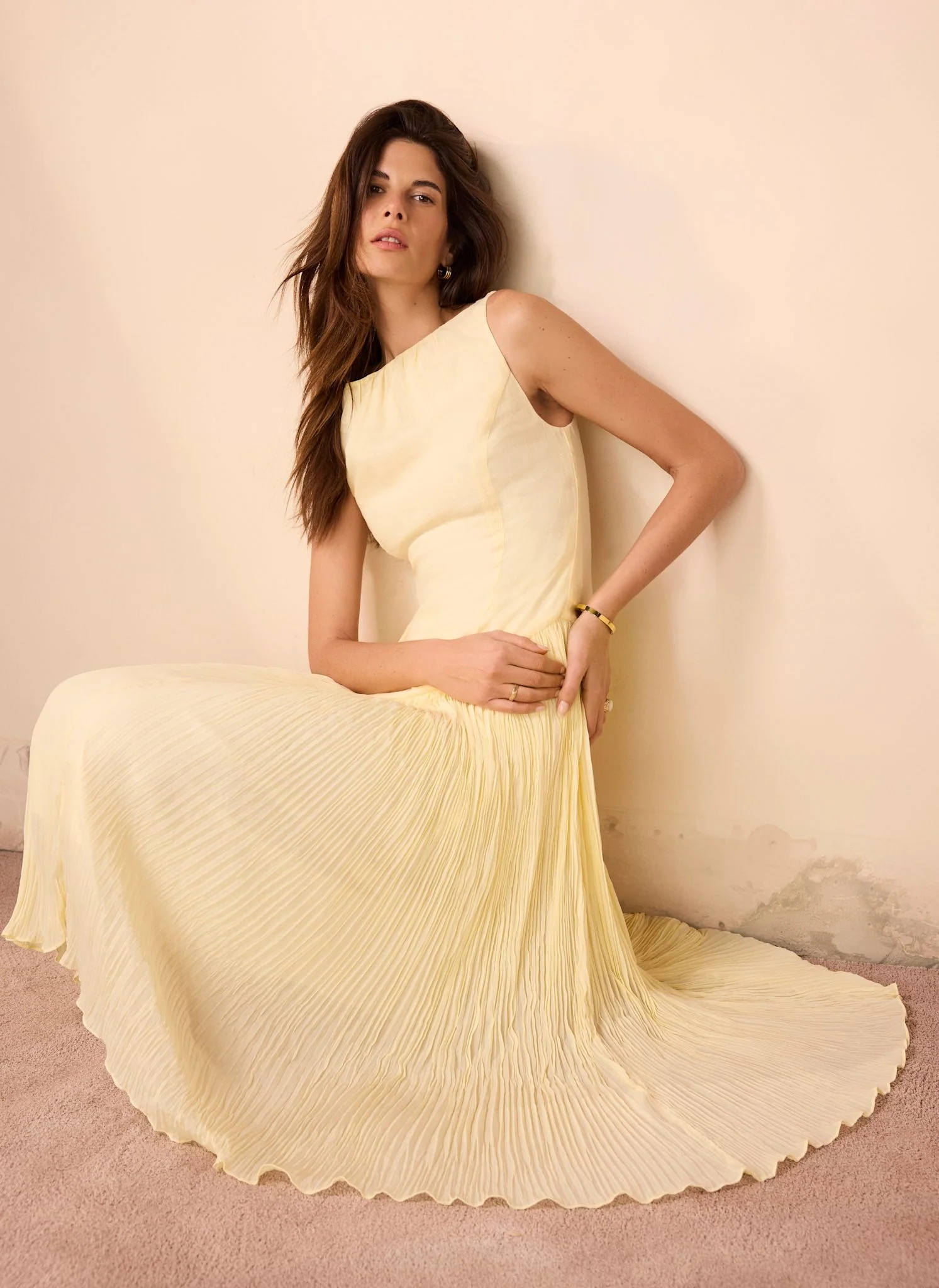 Yellow Crinkle Drop Waist Midi Dress - Image 2