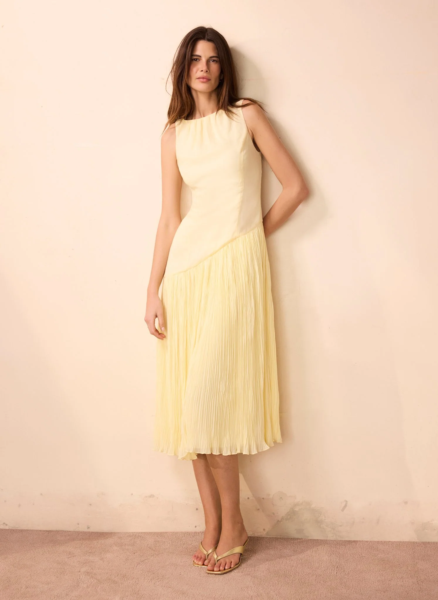 Yellow Crinkle Drop Waist Midi Dress - Image 3