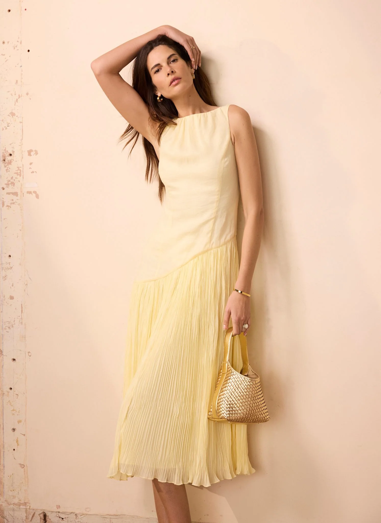 Yellow Crinkle Drop Waist Midi Dress - Image 4