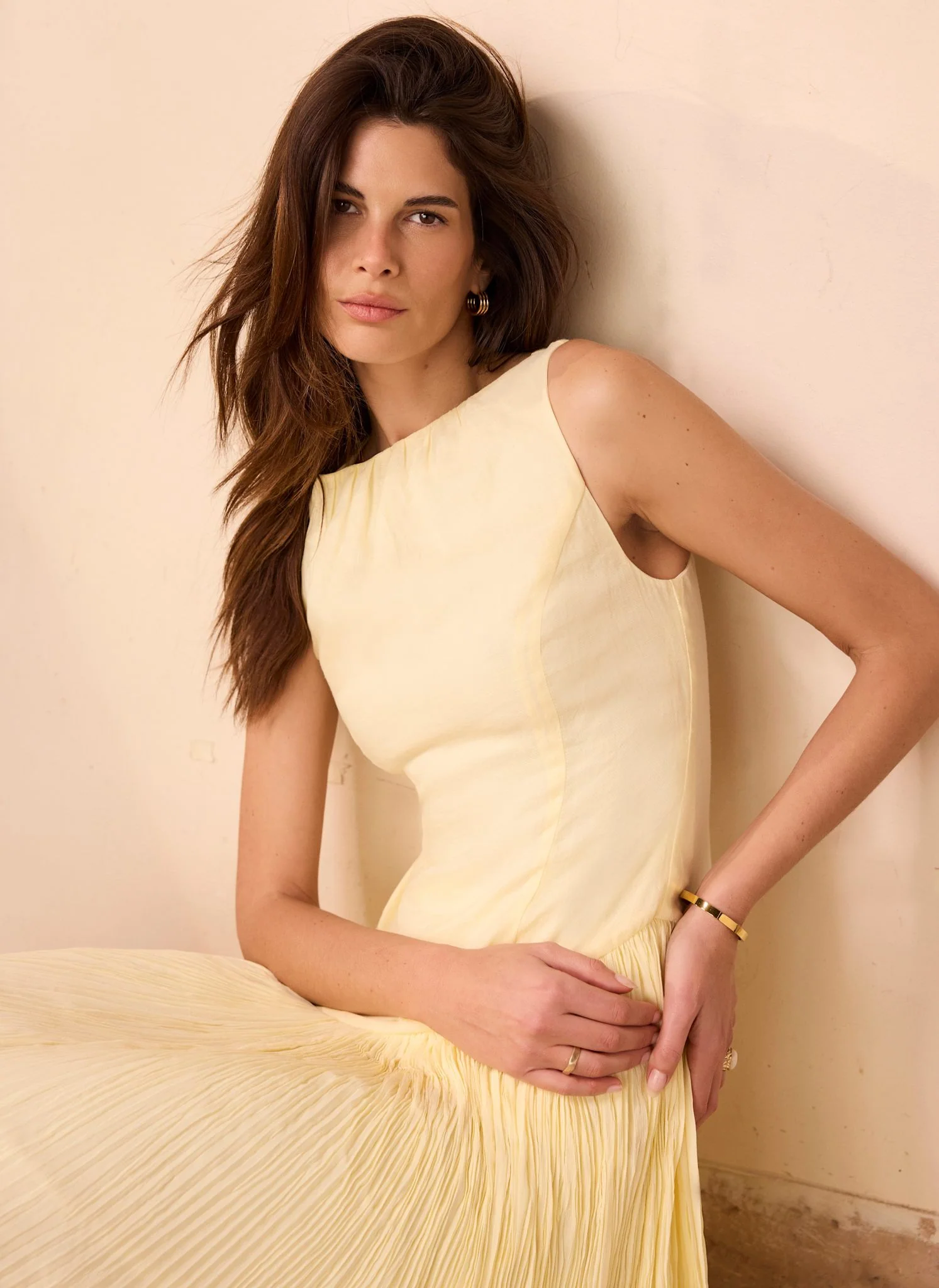Yellow Crinkle Drop Waist Midi Dress - Image 5