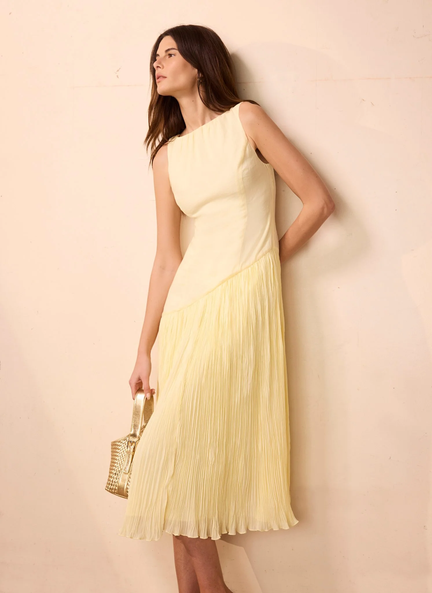 Yellow Crinkle Drop Waist Midi Dress - Image 6