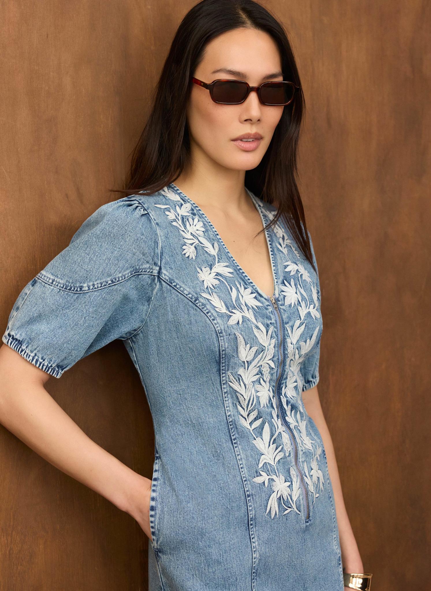 Mid Indigo Embroidered Denim Mini Dress - Image 4