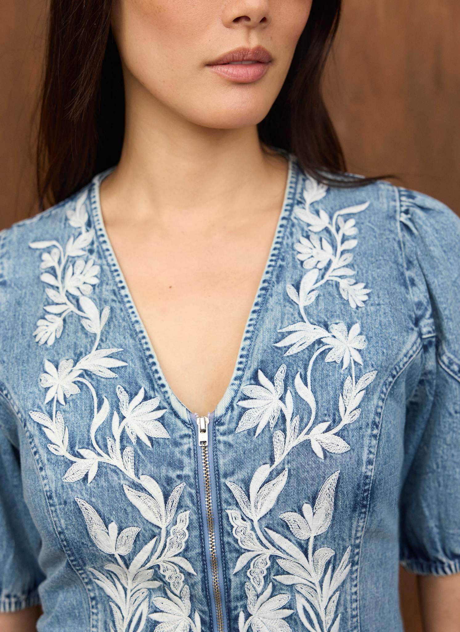 Mid Indigo Embroidered Denim Mini Dress - Image 5