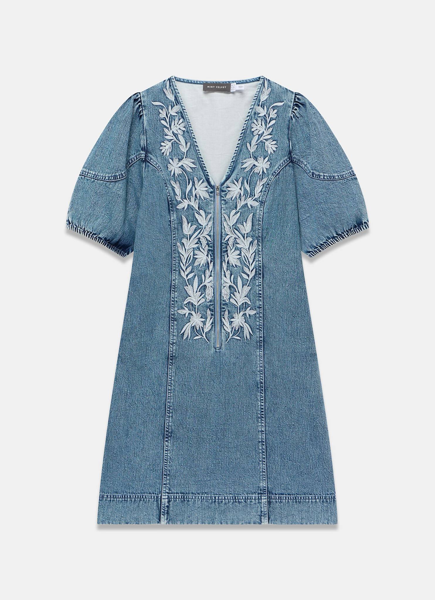 Mid Indigo Embroidered Denim Mini Dress - Image 7