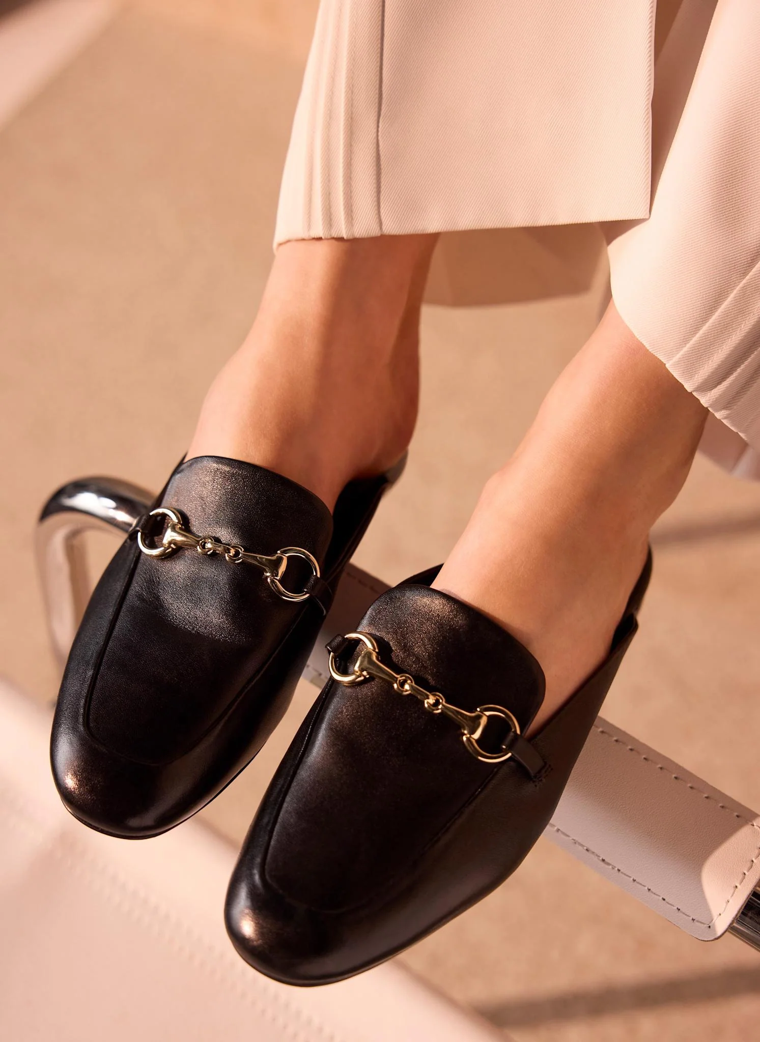 Faye Black Leather Backless Loafers
