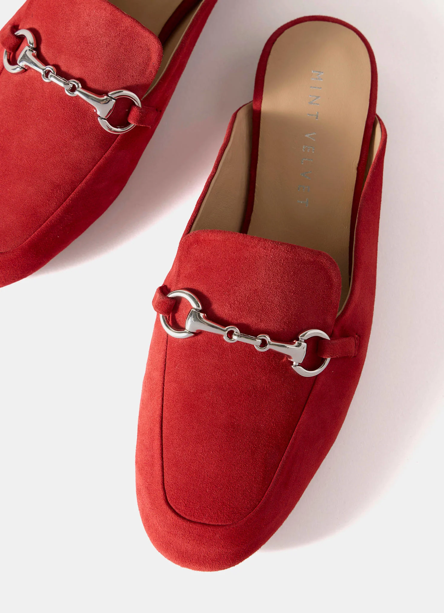 Faye Red Suede Backless Loafers - Image 8