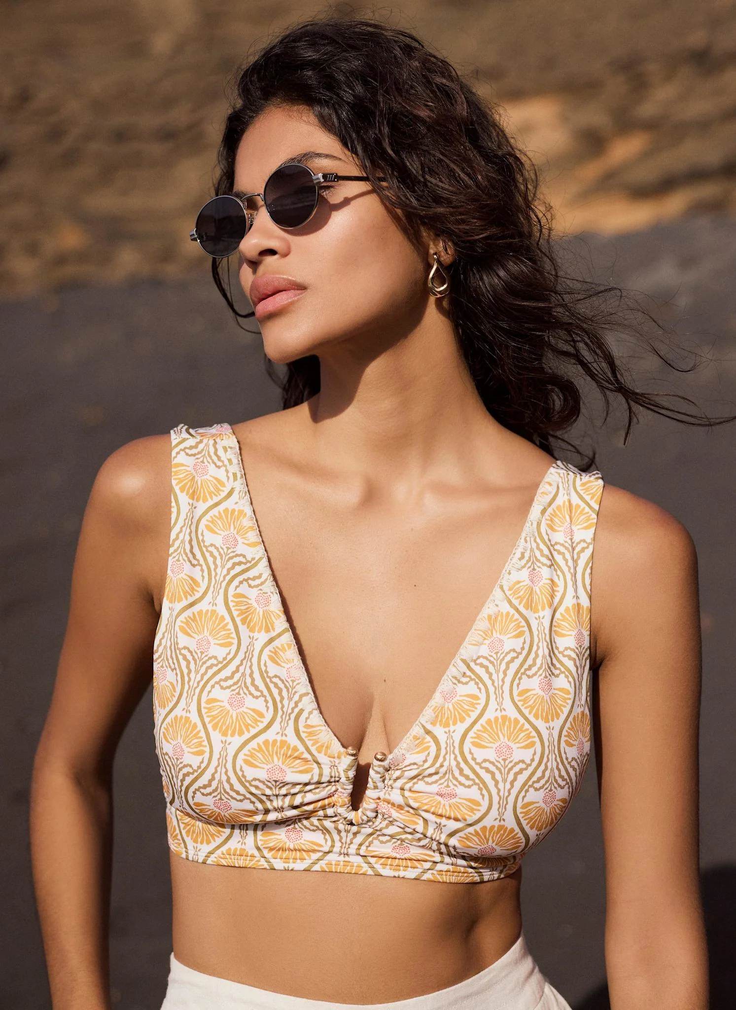 Yellow Floral Print Bikini Top
