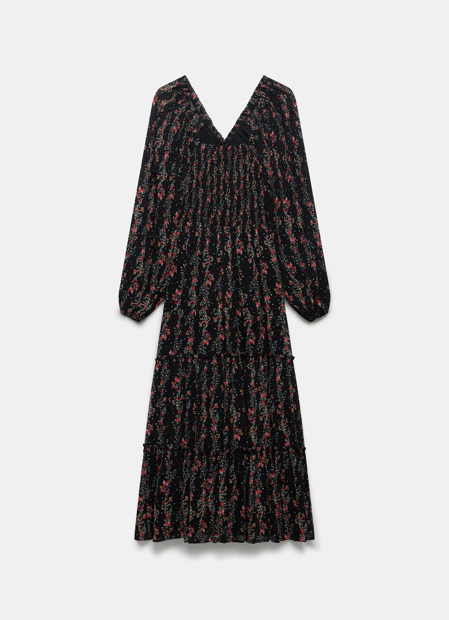 Black Floral Print Shirred Maxi Dress - Image 7