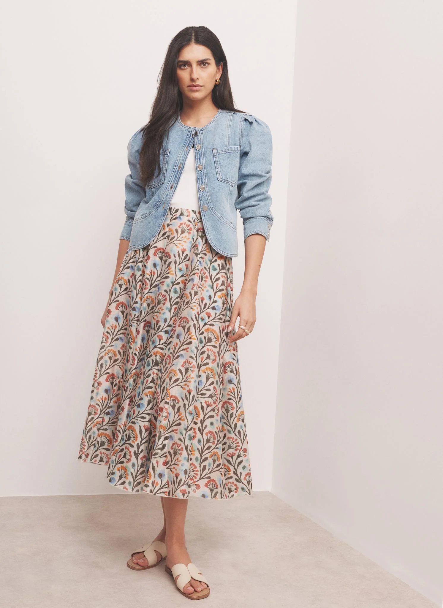 Orange Floral Print Midi Skirt