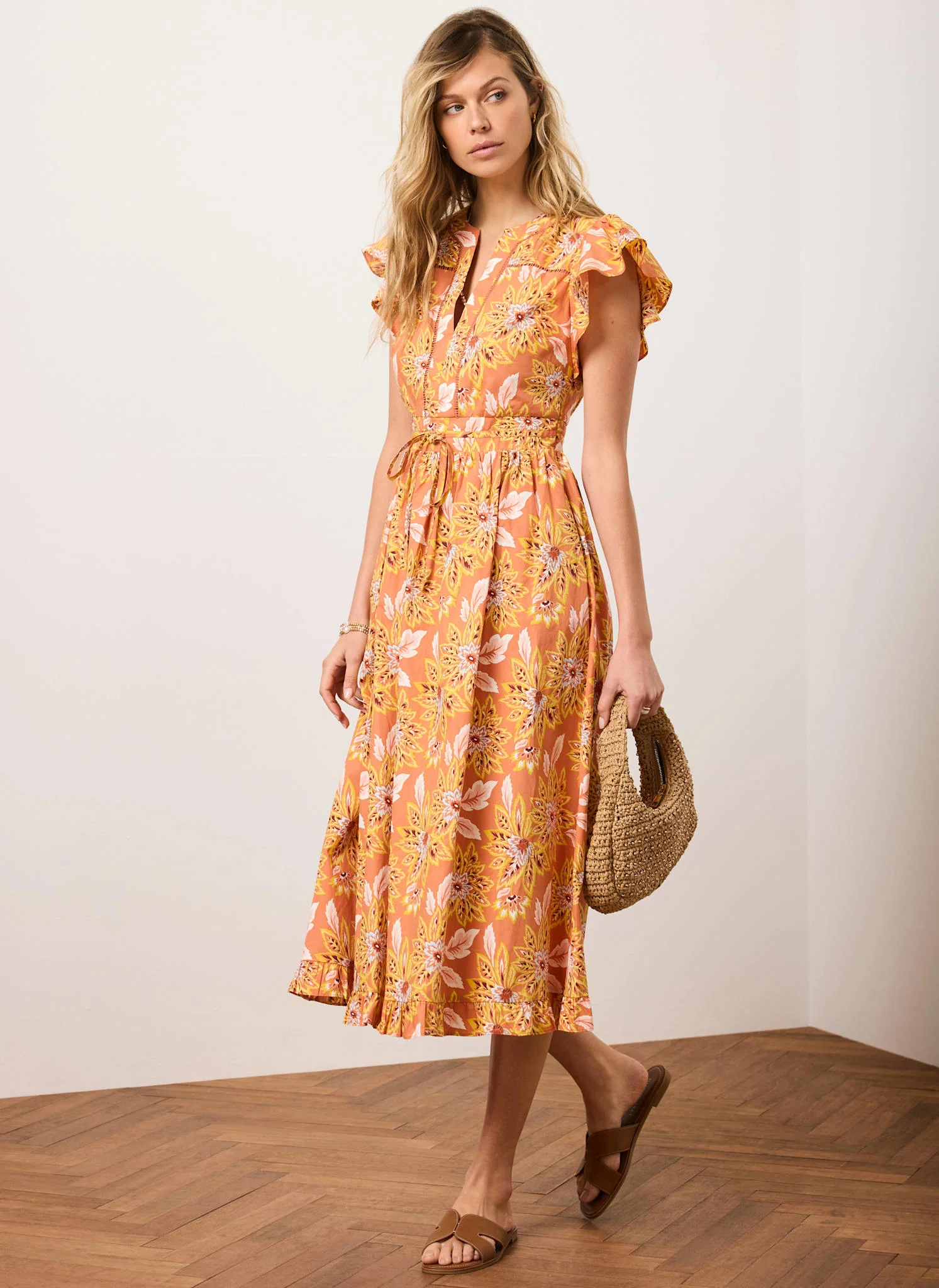 Orange Floral Print Cotton Midi Dress - Image 2