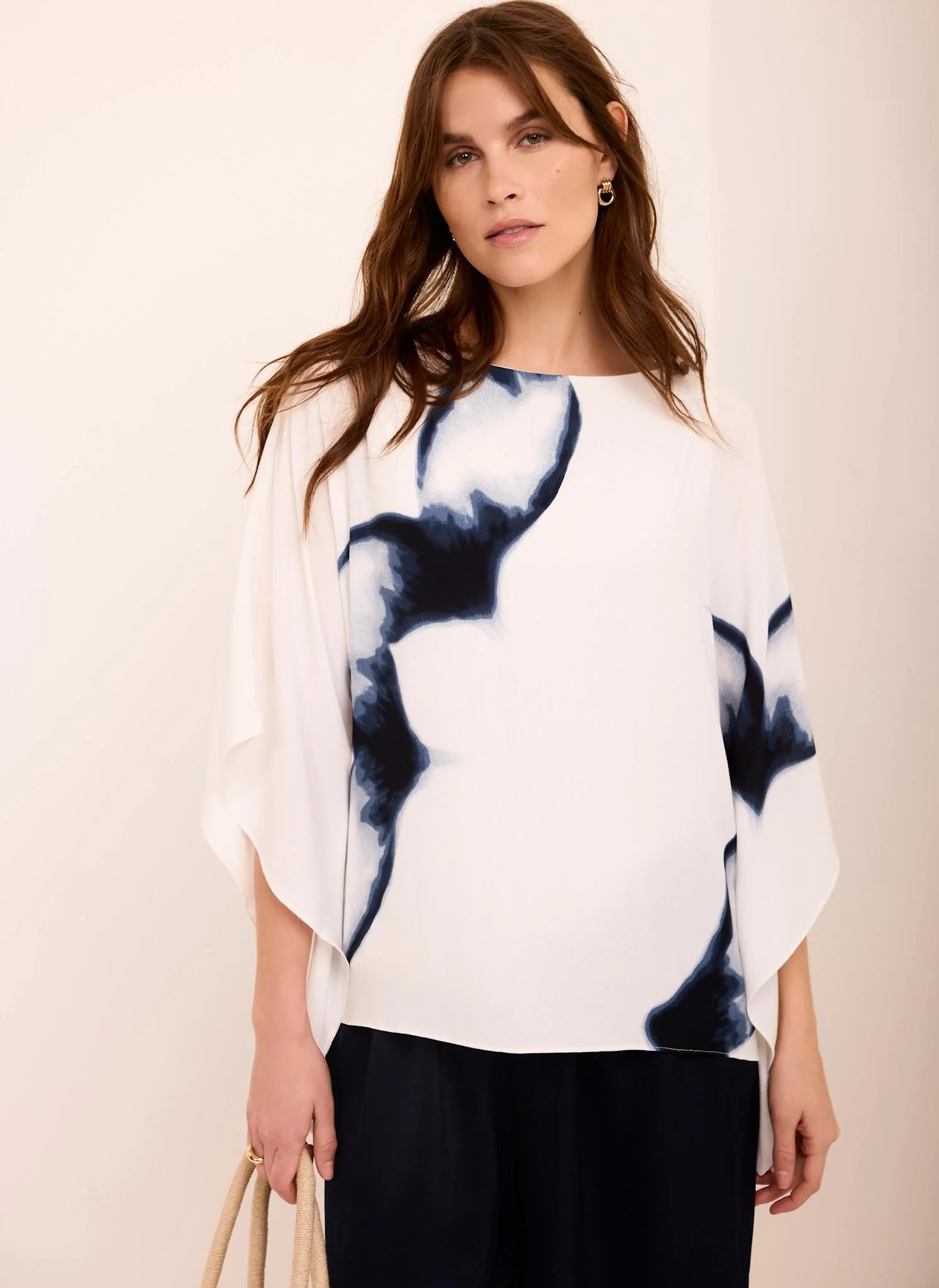 White Print Batwing Top