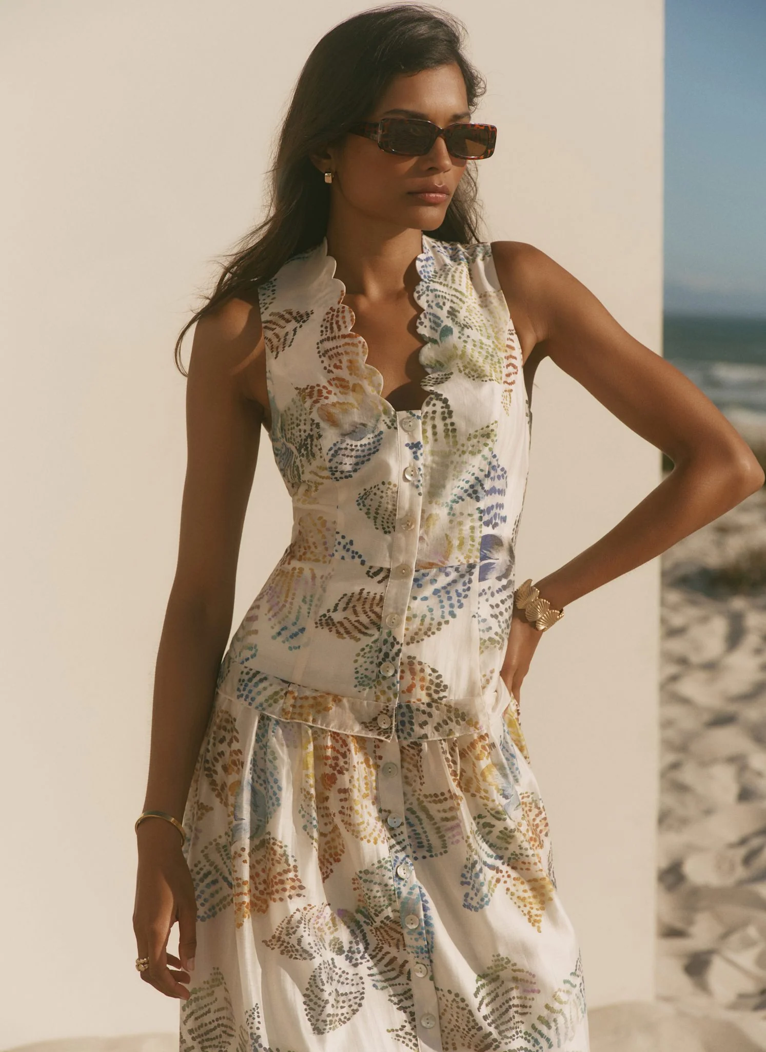 Cream Floral Print Drop Waist Midi Dress - Image 3