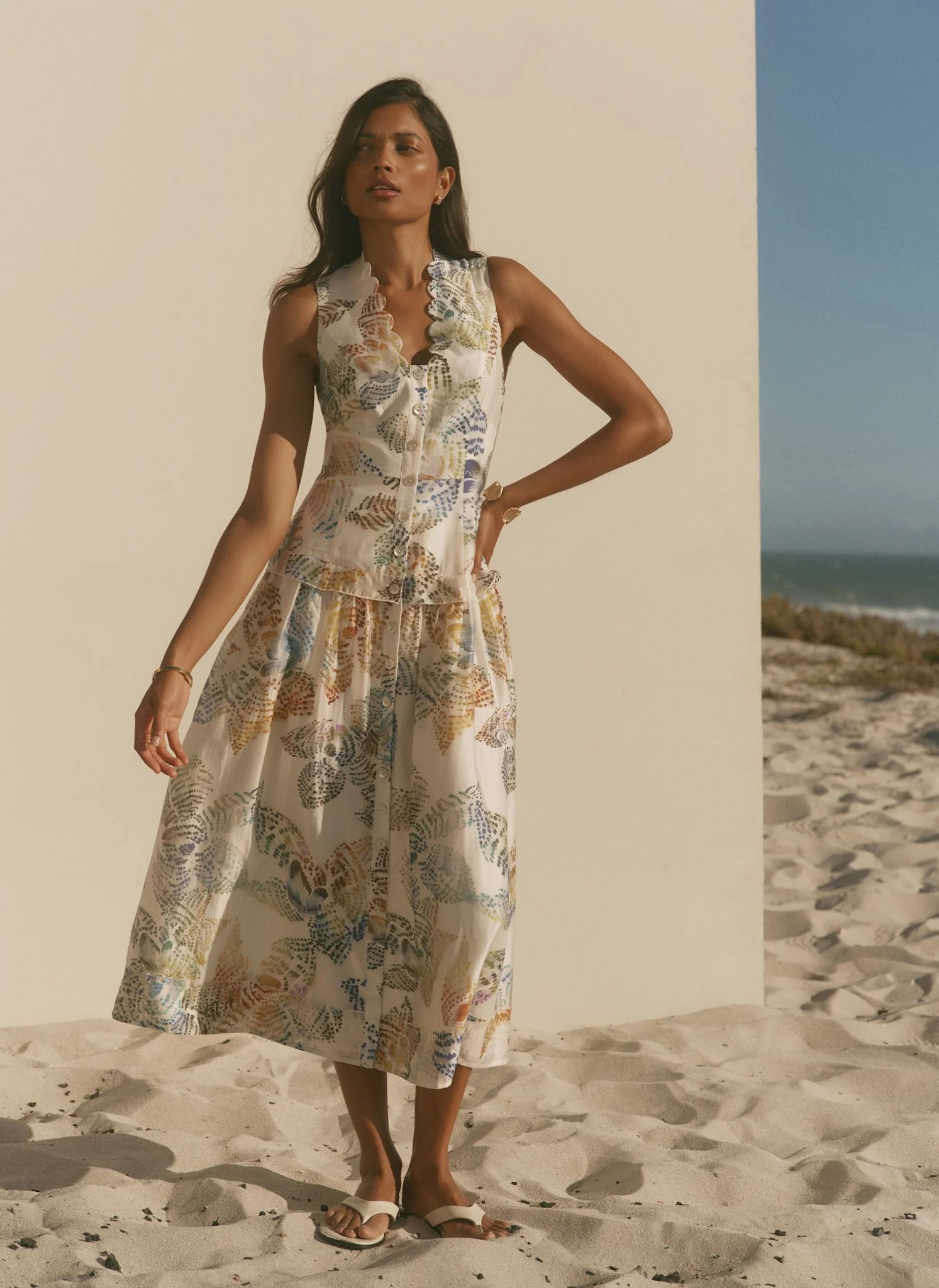 Cream Floral Print Drop Waist Midi Dress - Image 5