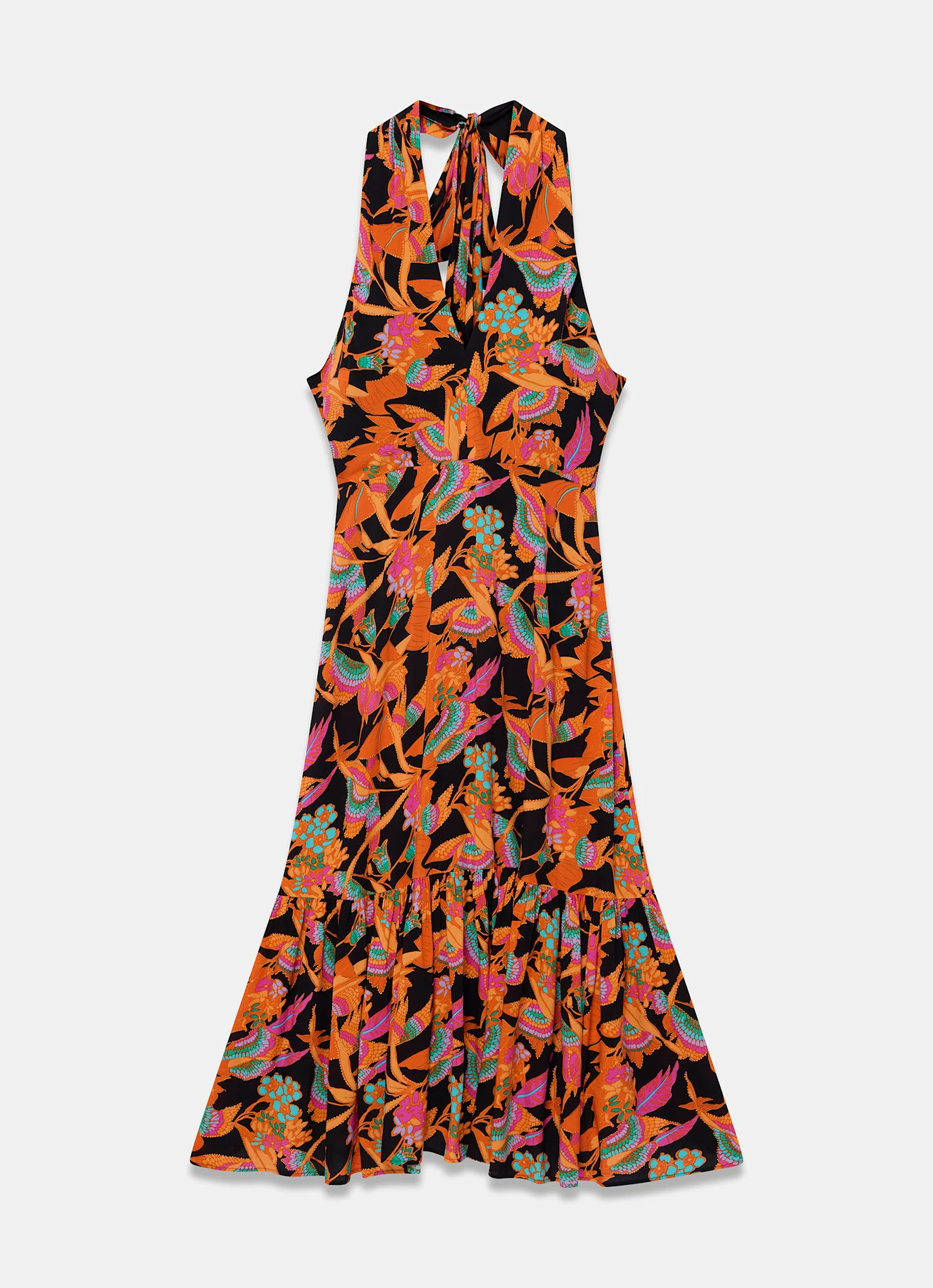 Orange Floral Print Halter Midi Dress - Image 7