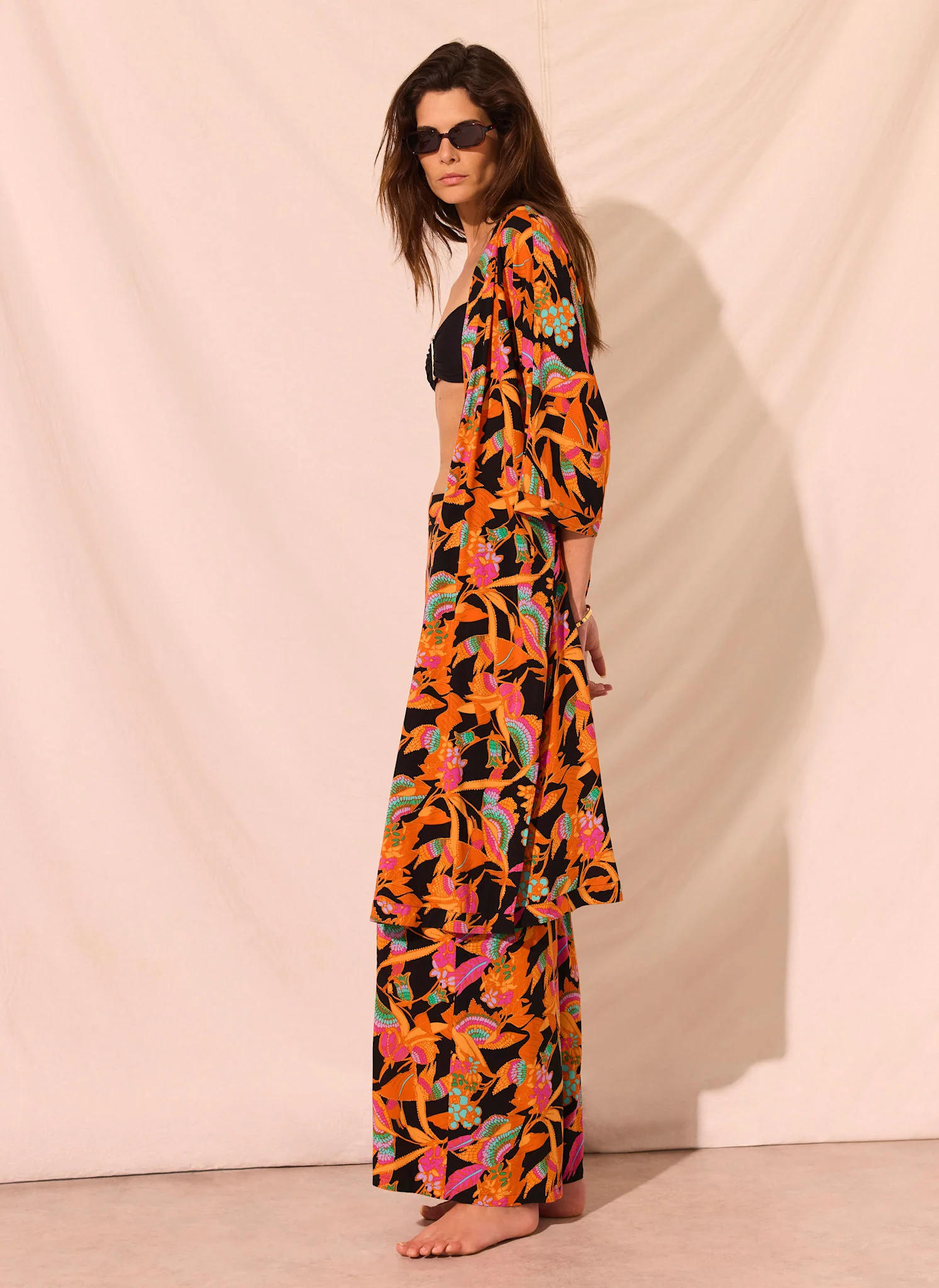 Orange Floral Print Long Kimono - Image 3