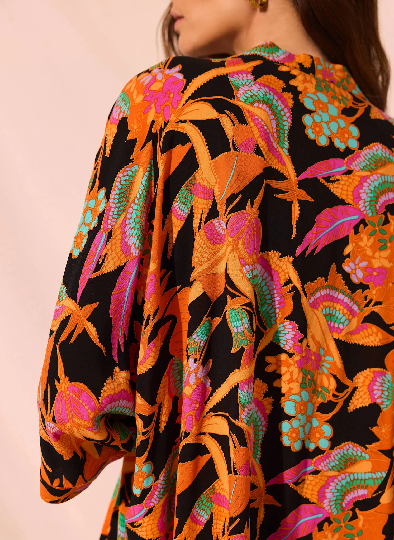 Orange Floral Print Long Kimono - Image 4