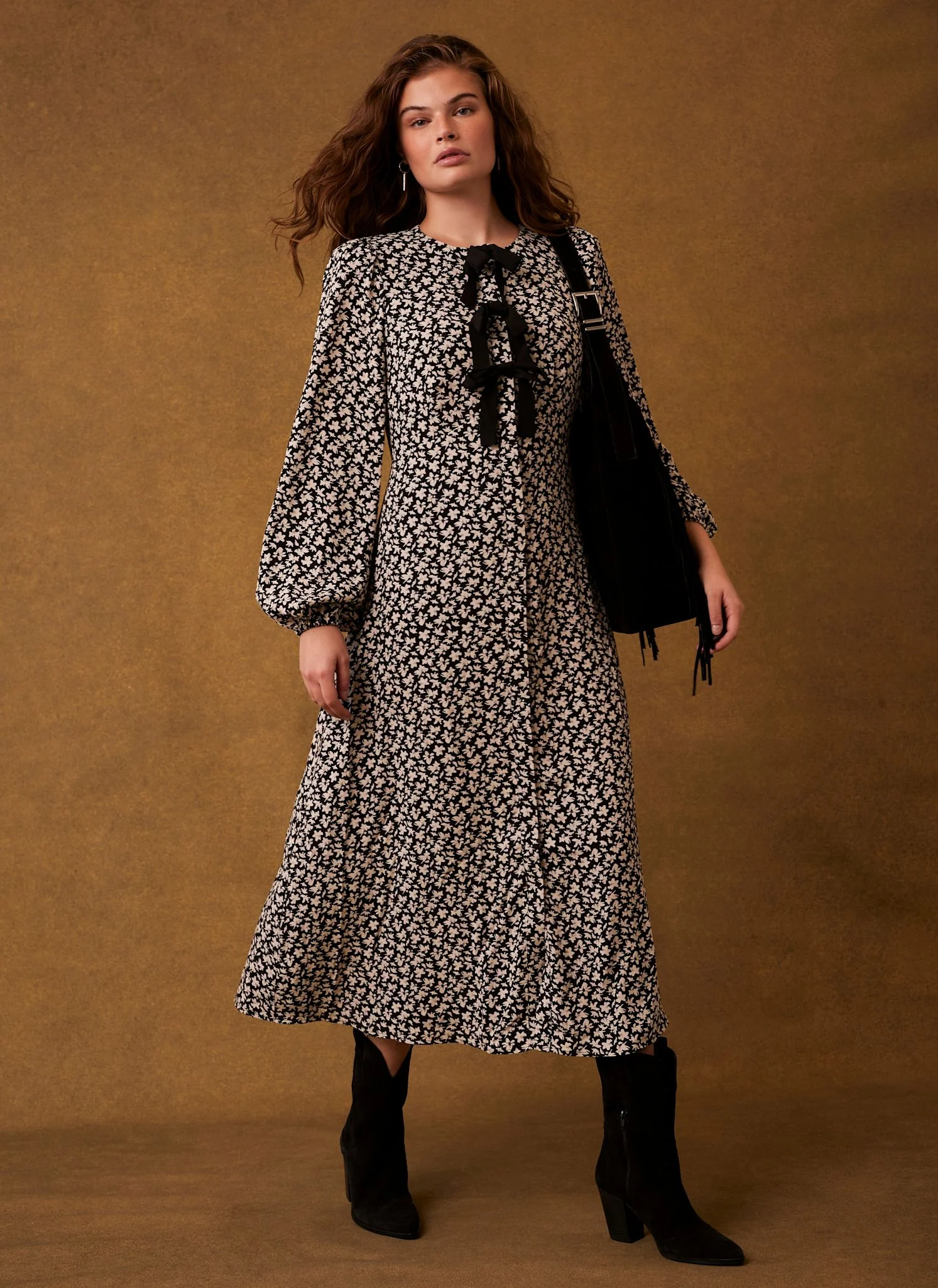 Black Floral Print Midi Dress - Image 3