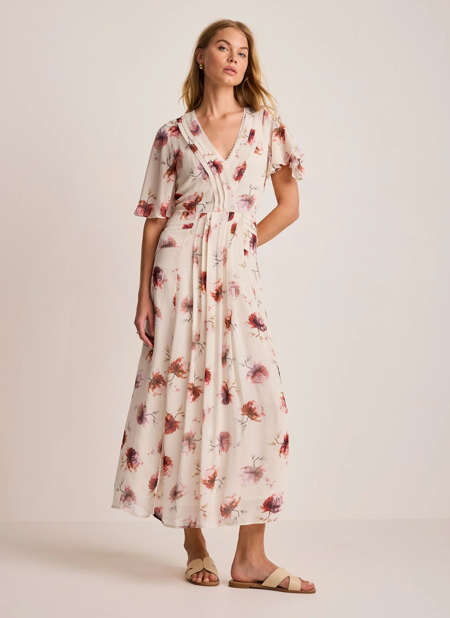 Cream Floral Print Midi Dress