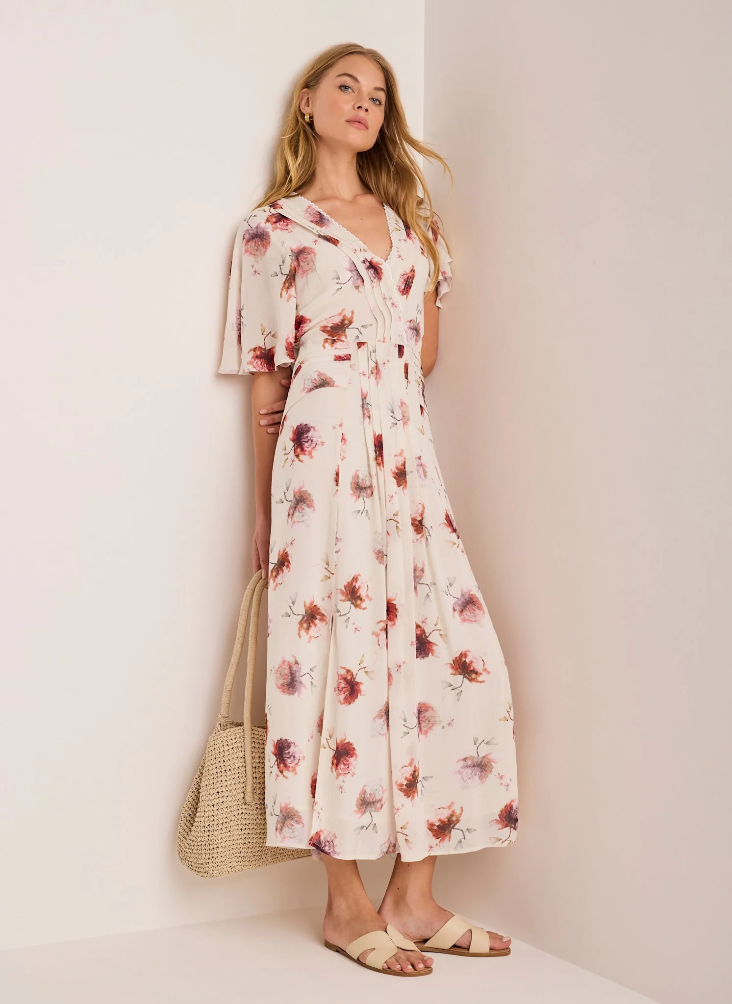 Cream Floral Print Midi Dress - Image 2