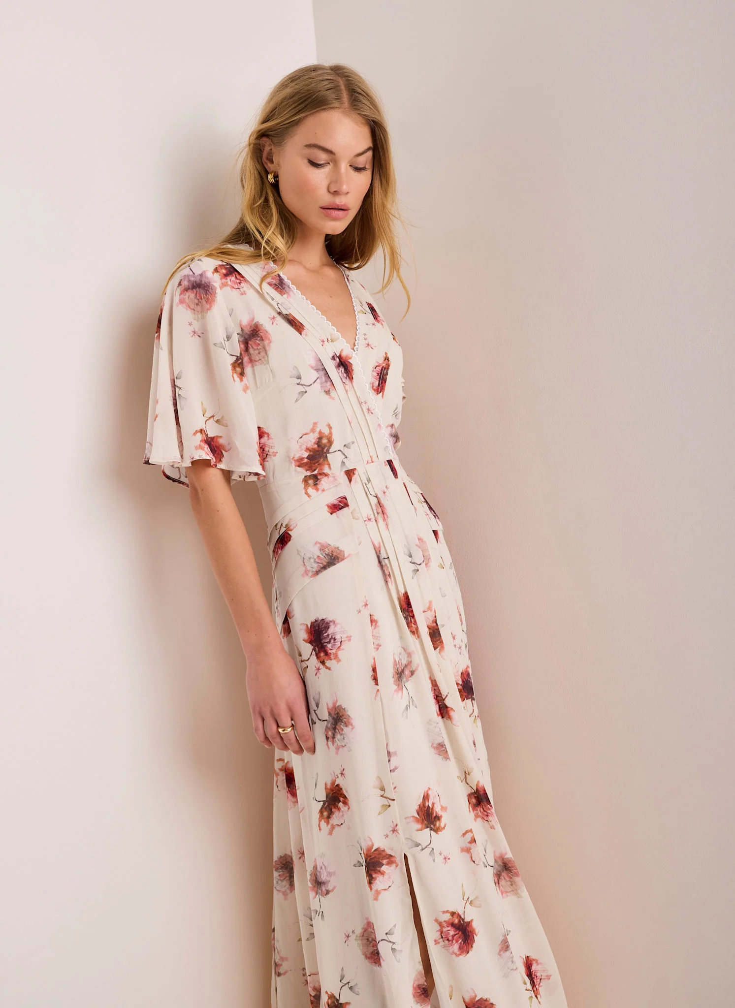 Cream Floral Print Midi Dress - Image 3