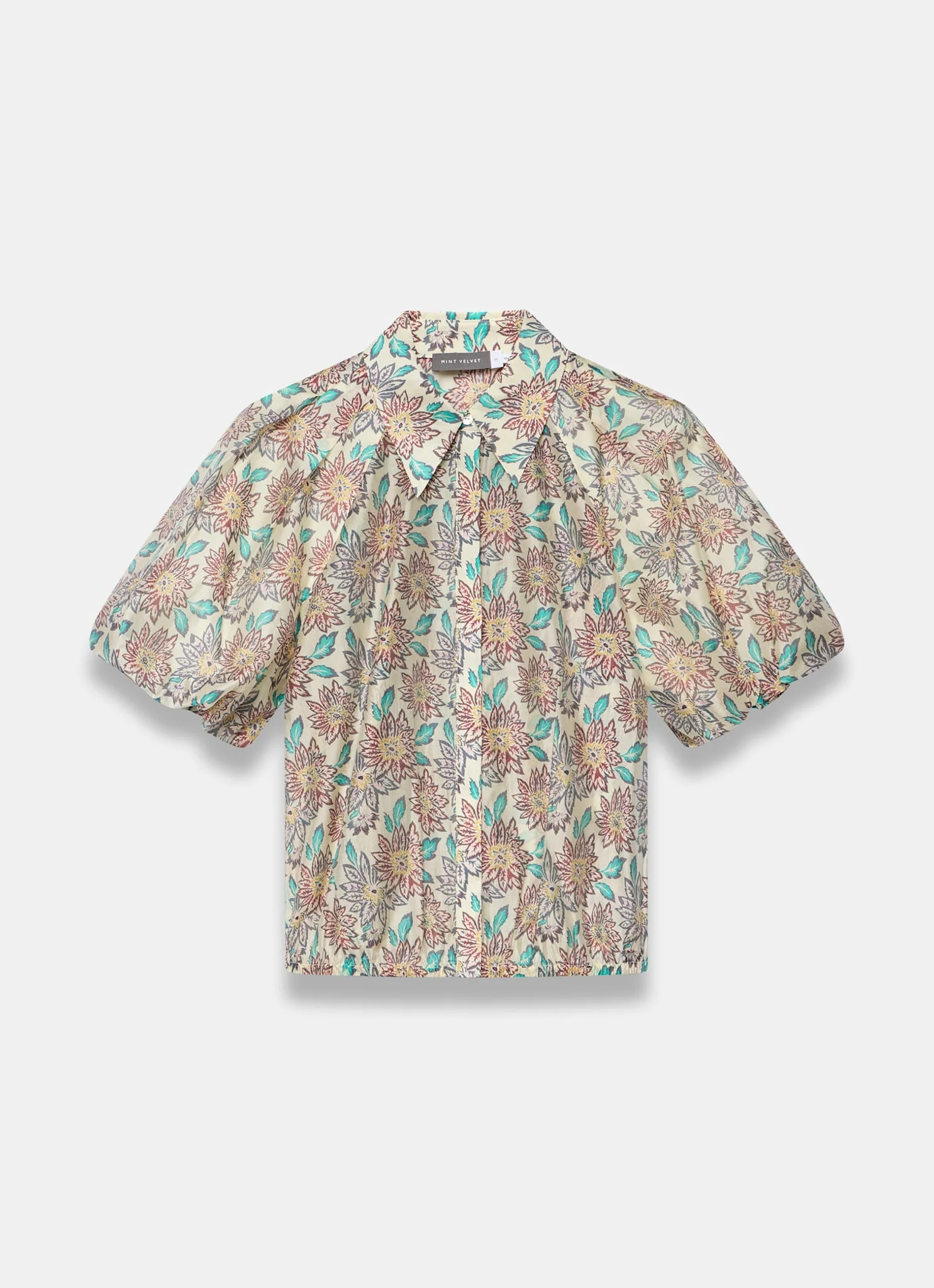Green Floral Print Puff Sleeve Shirt - Image 6