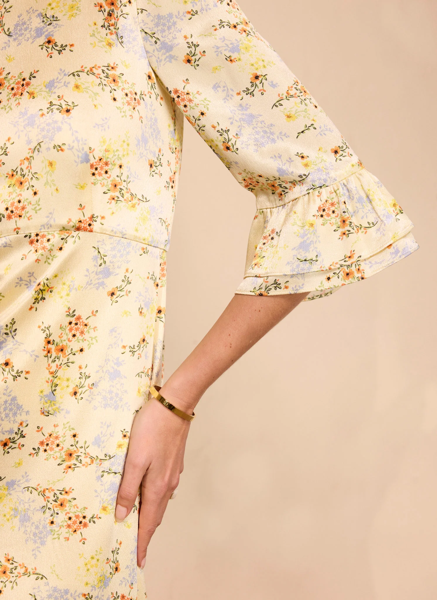 Yellow Floral Print Satin Midi Dress - Image 5