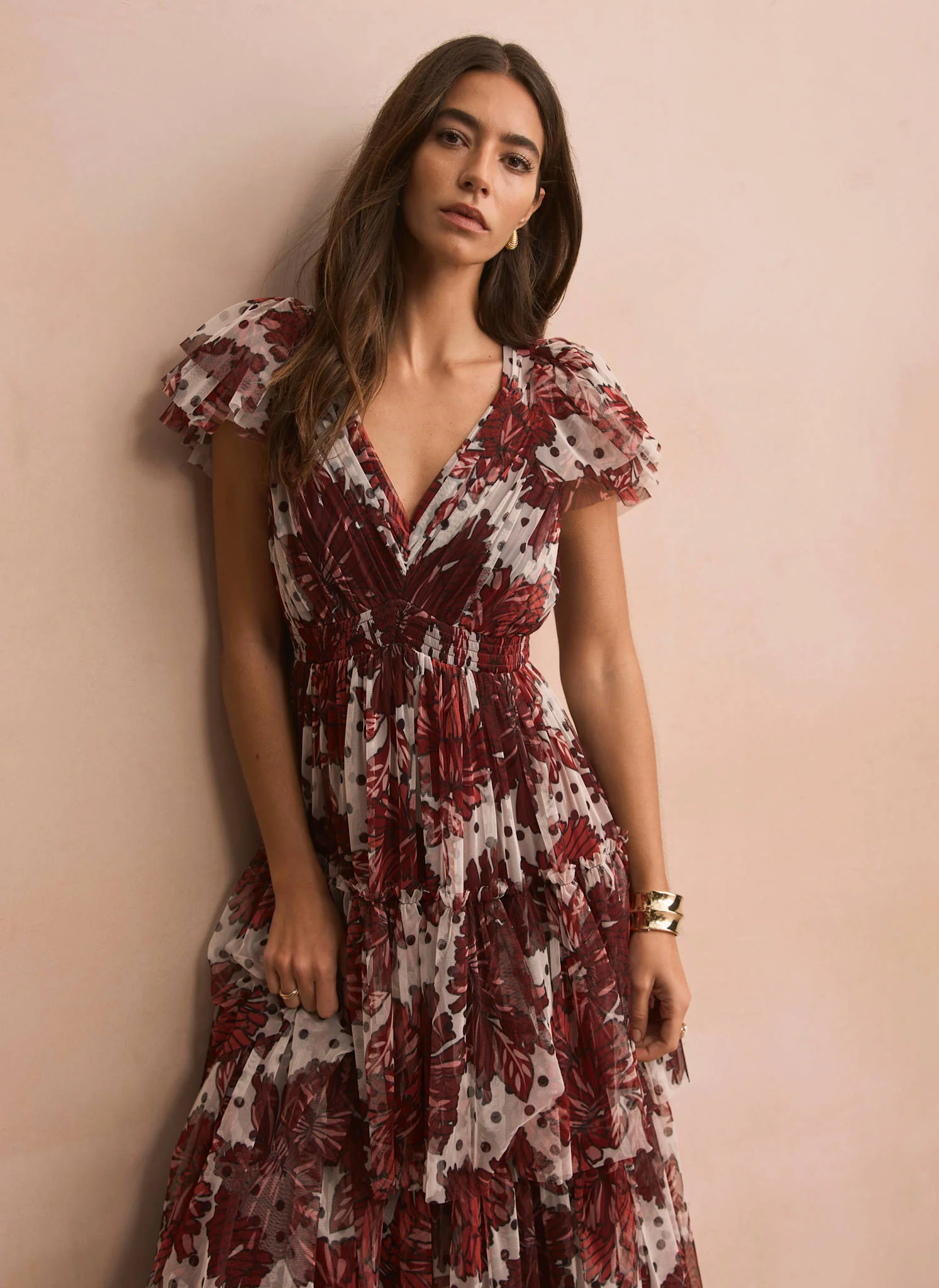 Burgundy Floral Print Tulle Maxi Dress - Image 3