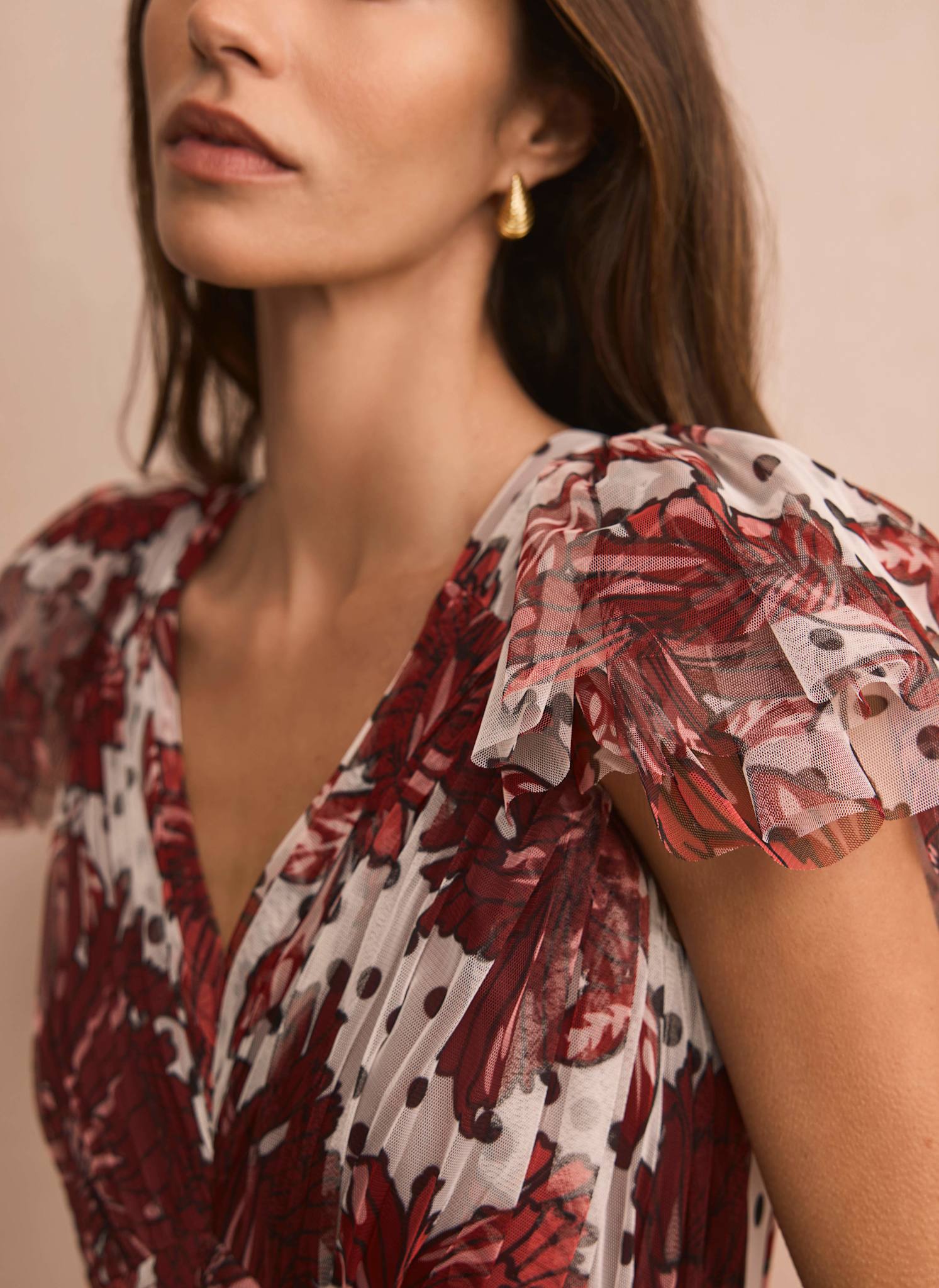 Burgundy Floral Print Tulle Maxi Dress - Image 4