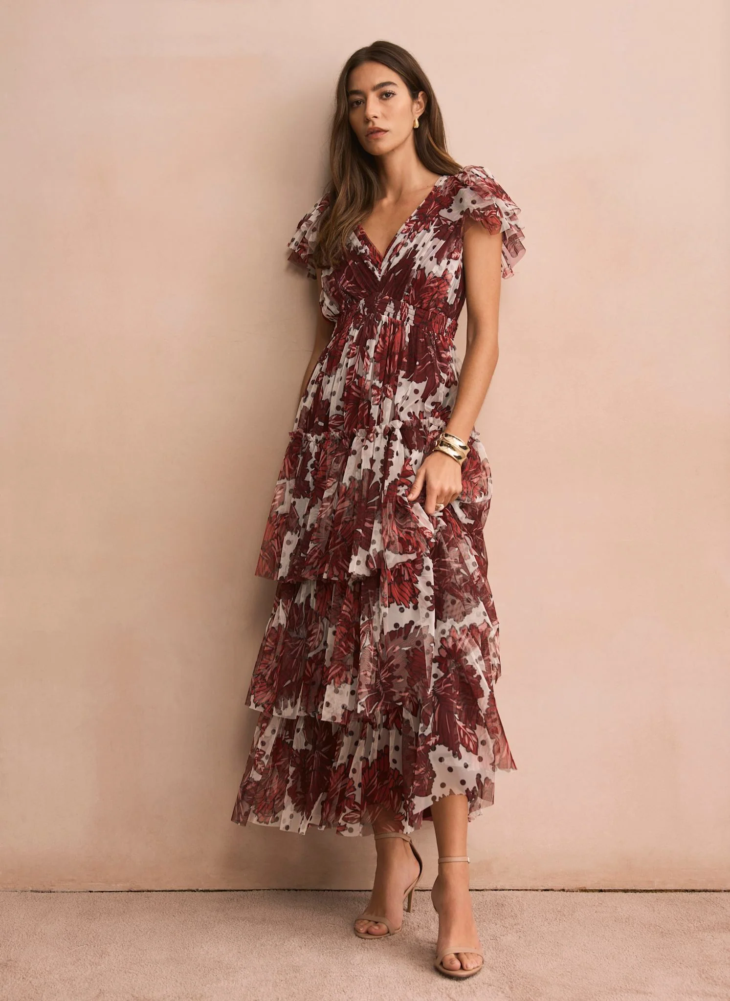 Burgundy Floral Print Tulle Maxi Dress - Image 5