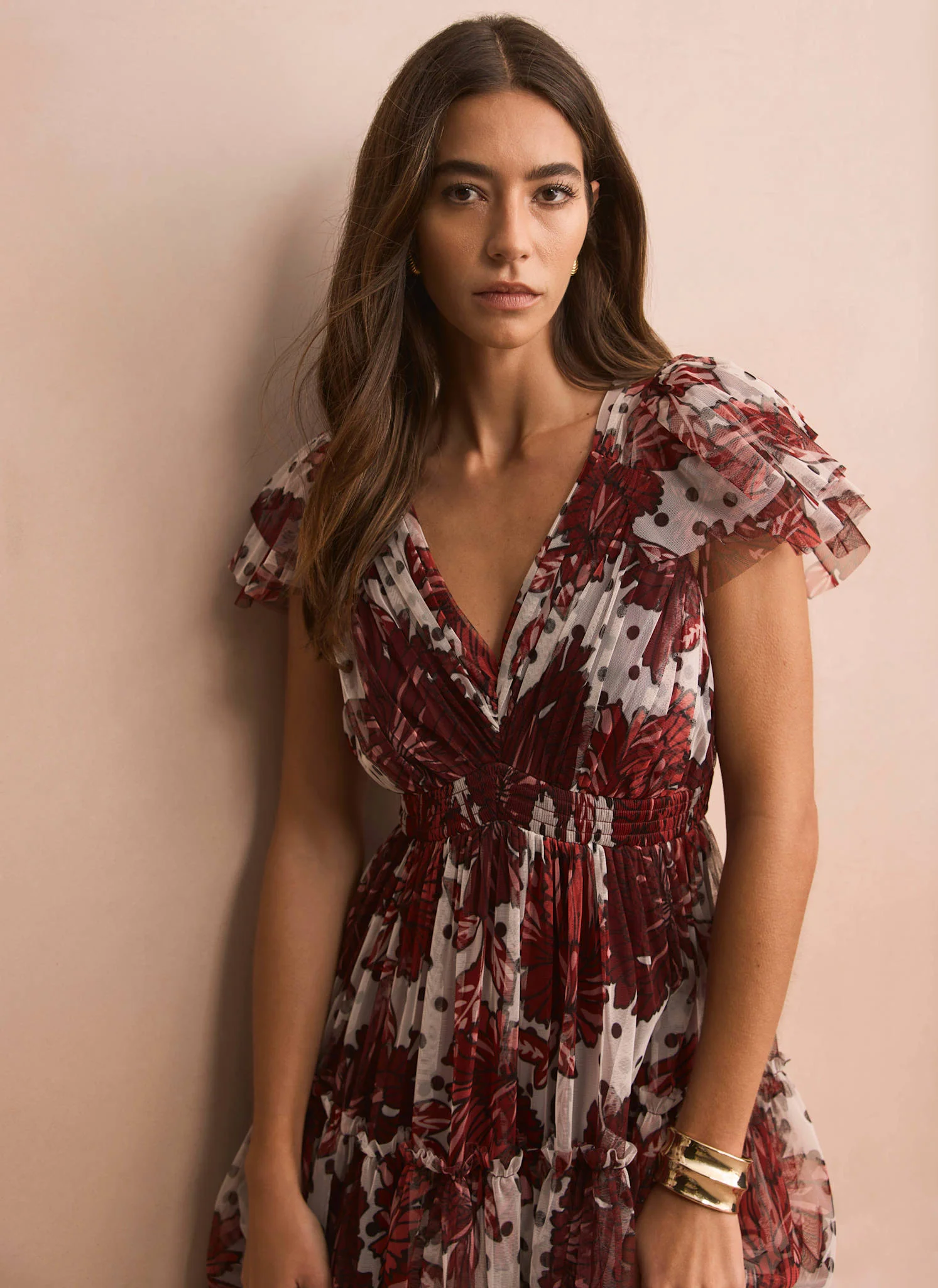 Burgundy Floral Print Tulle Maxi Dress - Image 6