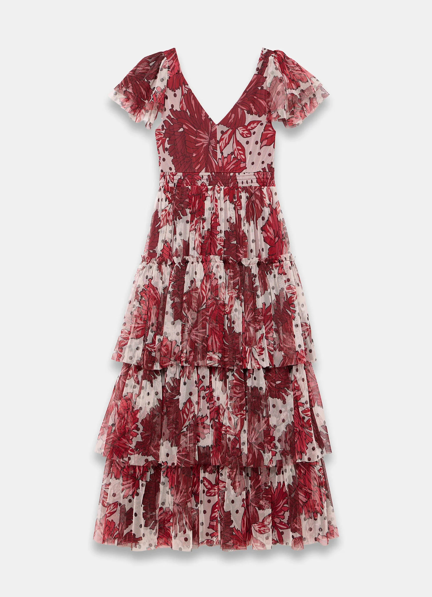 Burgundy Floral Print Tulle Maxi Dress - Image 7