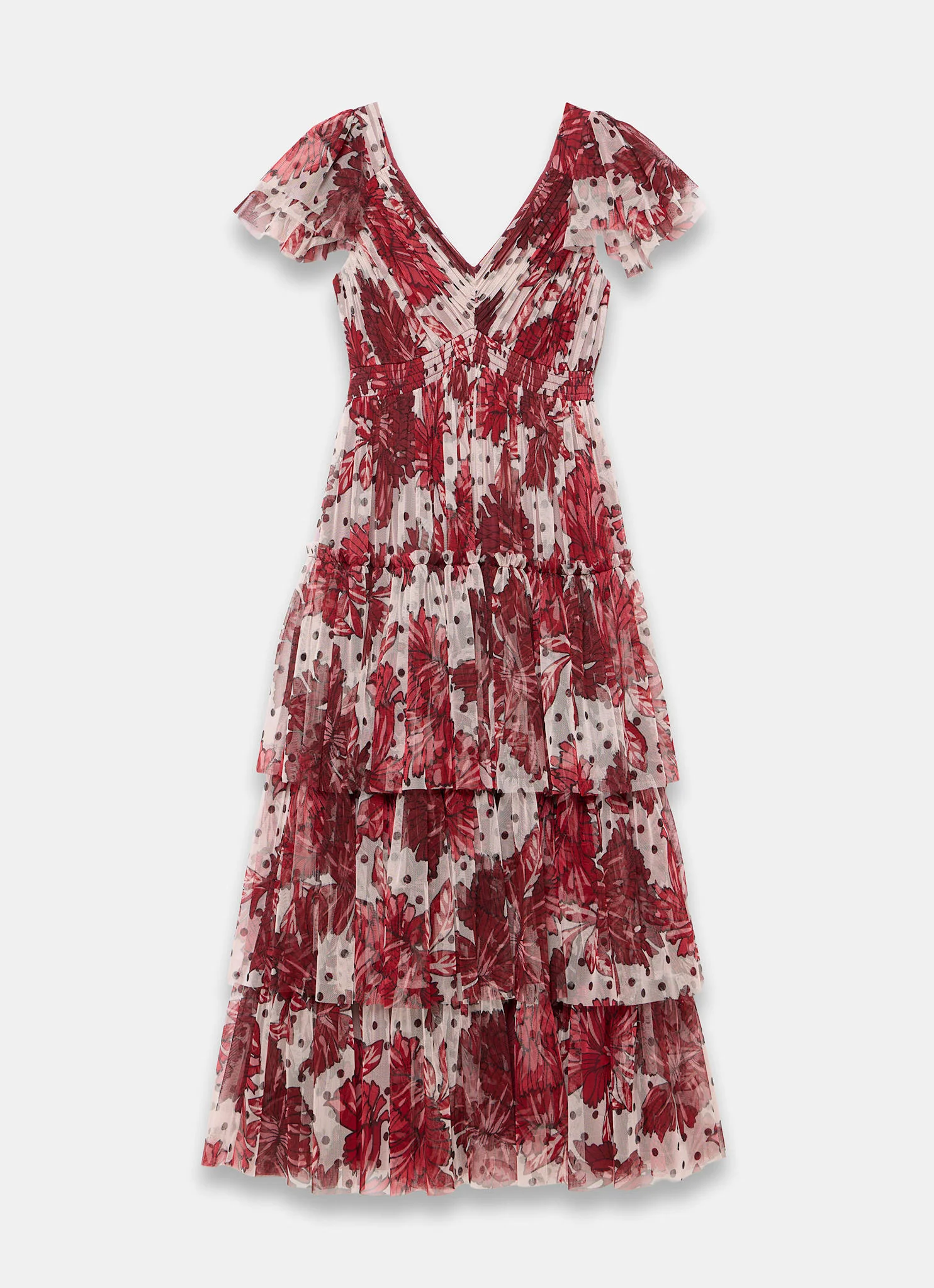 Burgundy Floral Print Tulle Maxi Dress - Image 8