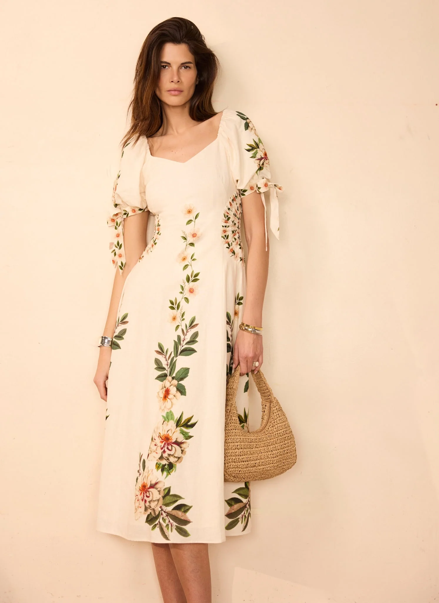 Cream Linen Blend Floral Print Midi Dress - Image 2