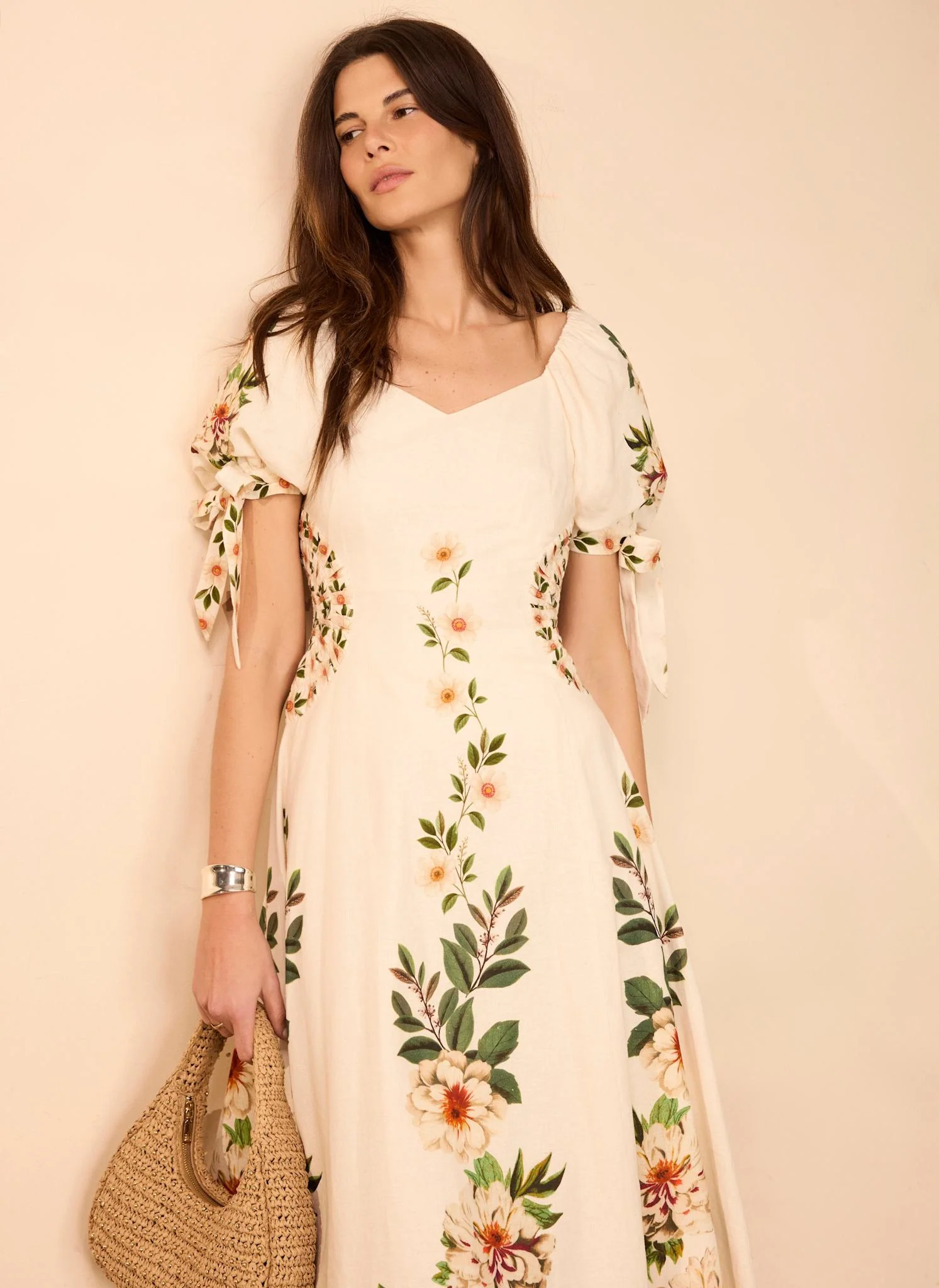 Cream Linen Blend Floral Print Midi Dress - Image 5