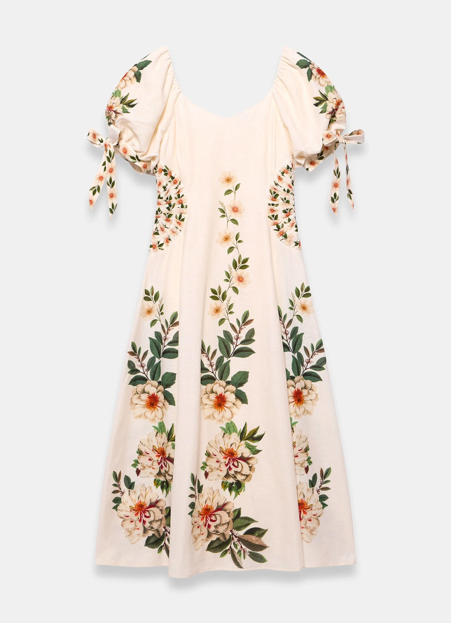 Cream Linen Blend Floral Print Midi Dress - Image 7