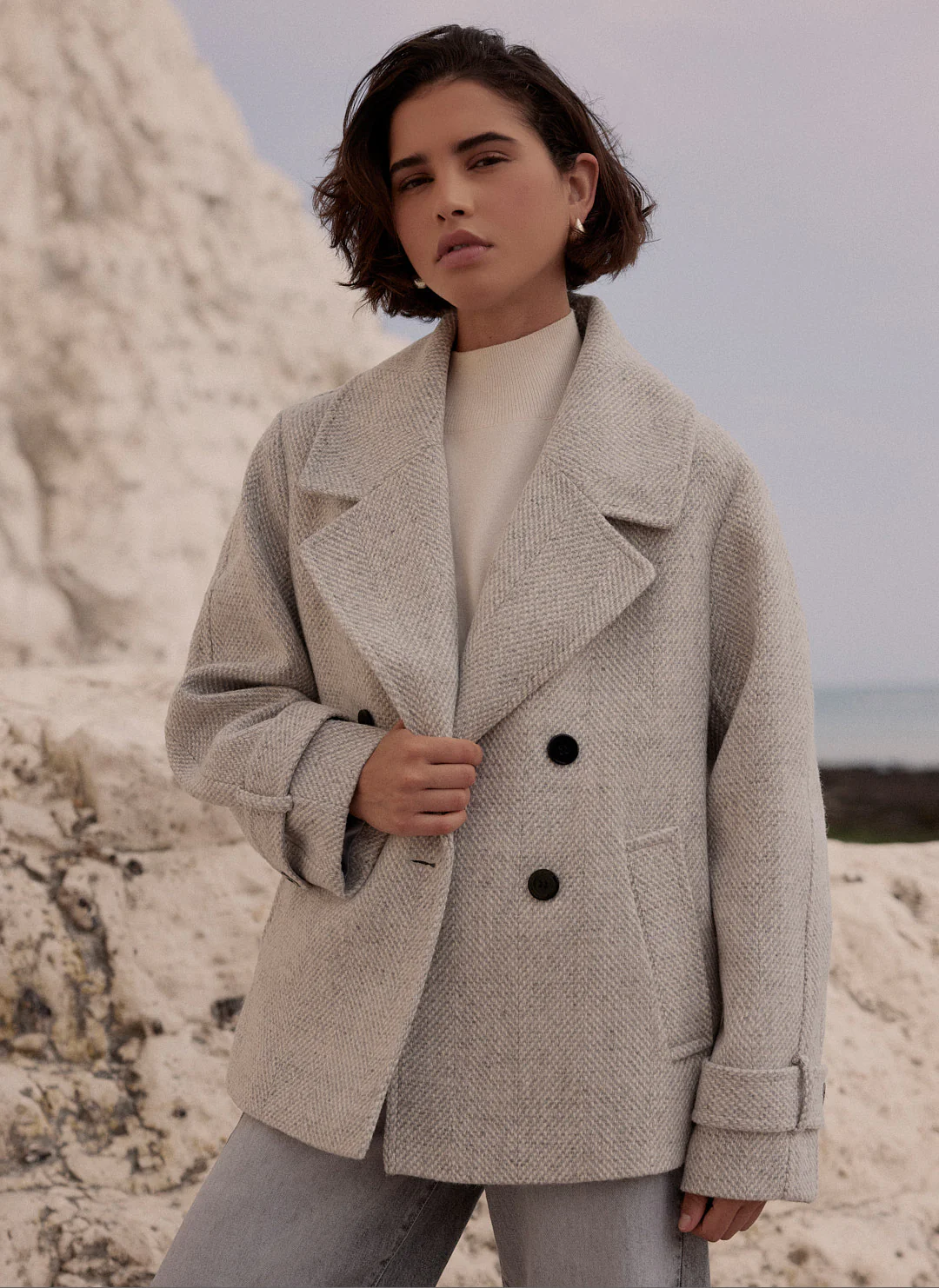 Grey Double Breasted Textured Coat