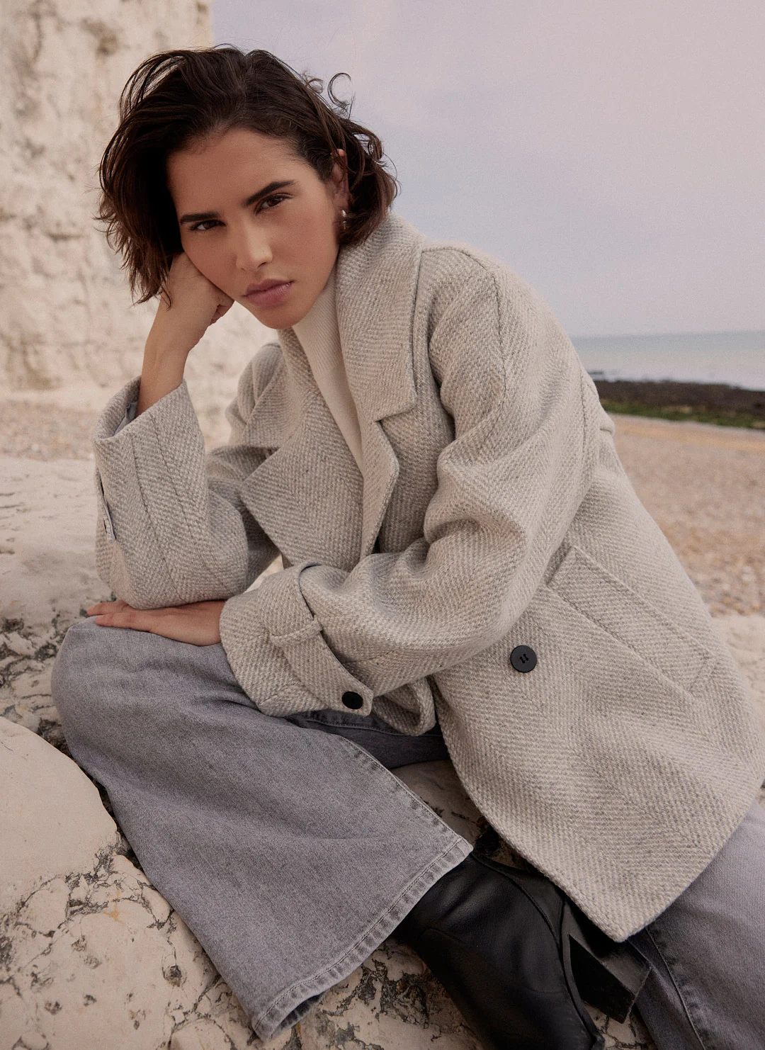 Grey Double Breasted Textured Coat - Image 2