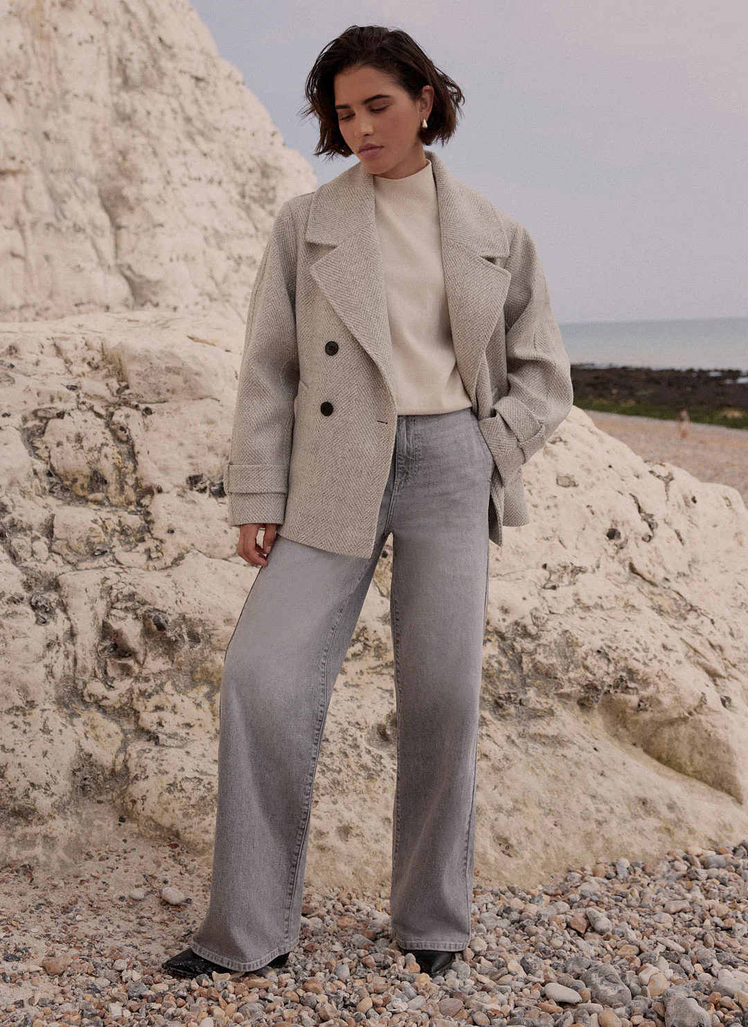 Grey Double Breasted Textured Coat - Image 3