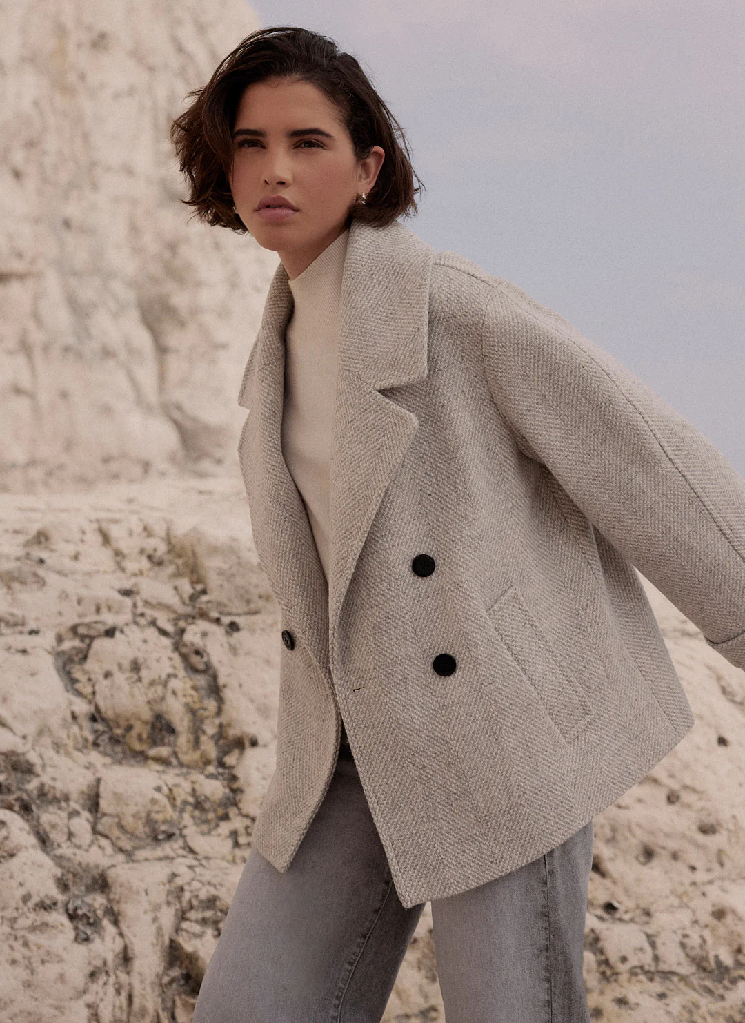 Grey Double Breasted Textured Coat - Image 4