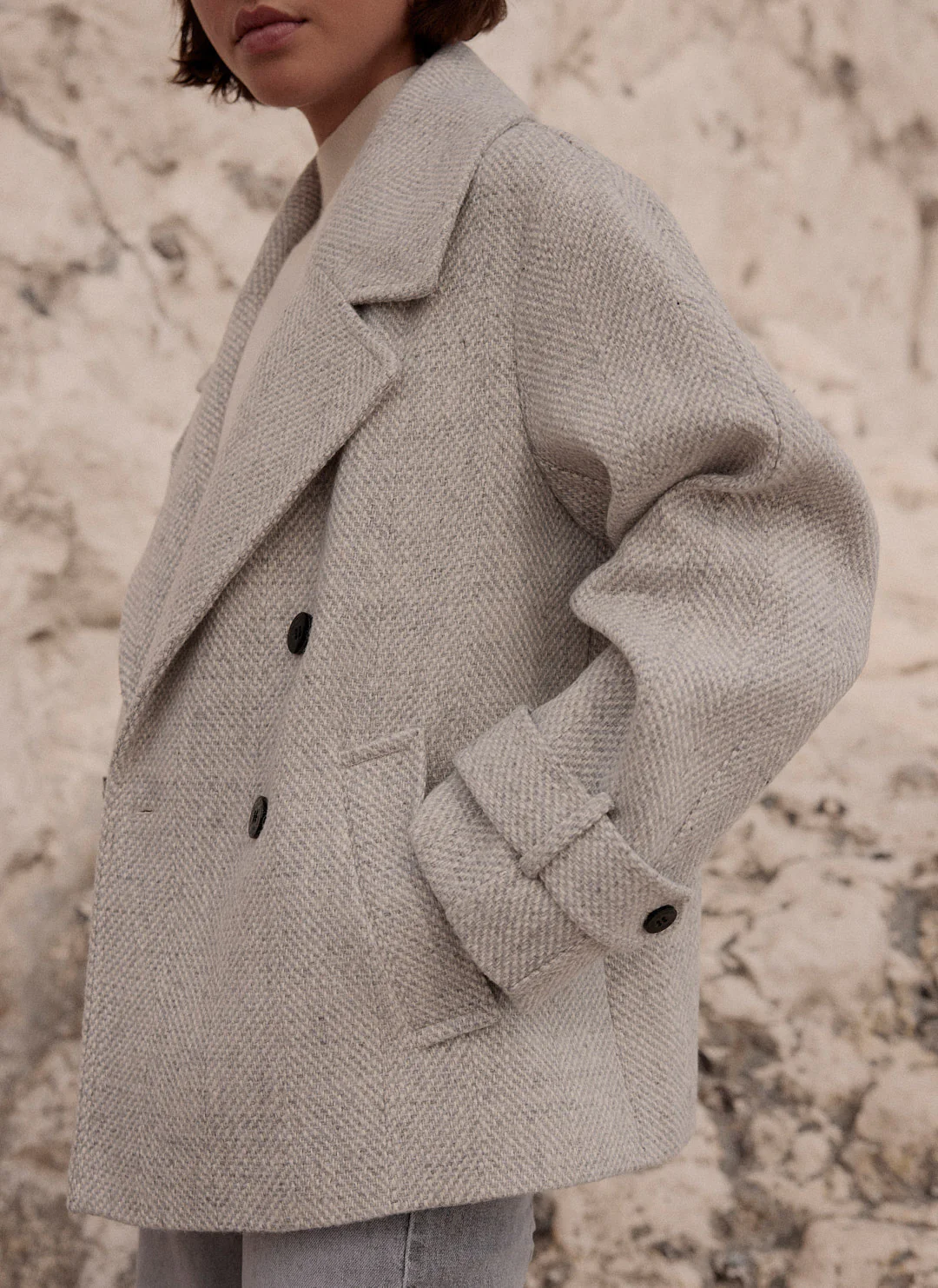 Grey Double Breasted Textured Coat - Image 5