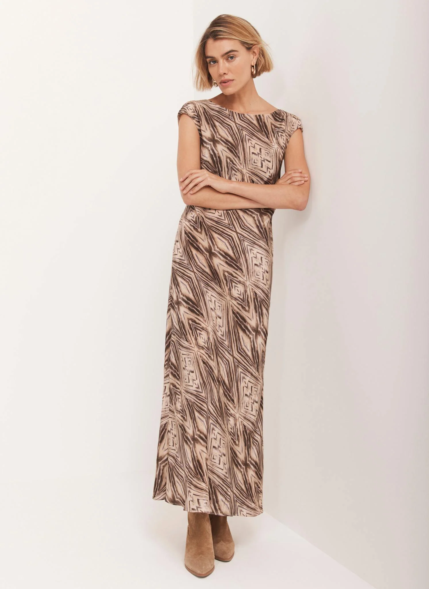 Brown Geometric Print Midi Dress