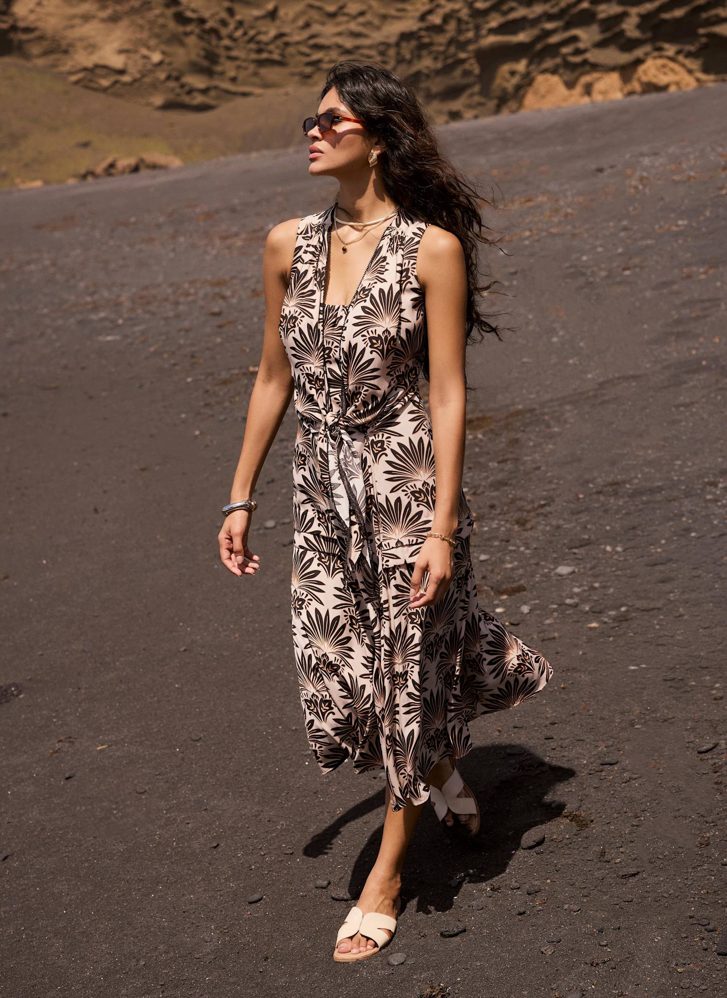 Neutral Geo Print Midi Dress