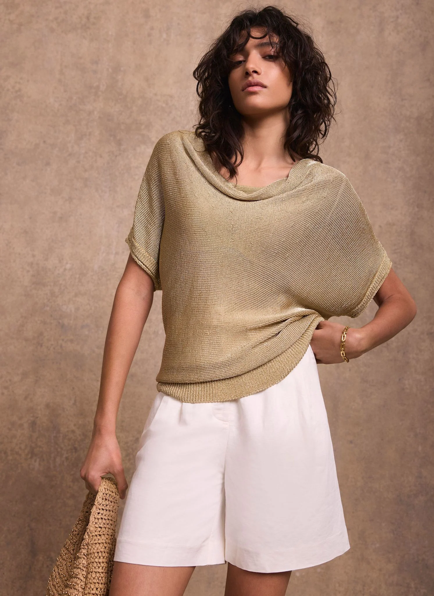 Gold Metallic Batwing Knit Top - Image 2