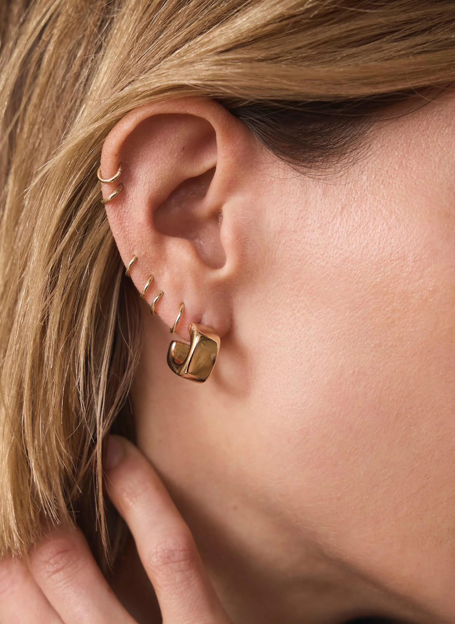 Gold Tone Mini Rounded Square Hoop Earrings - Image 2