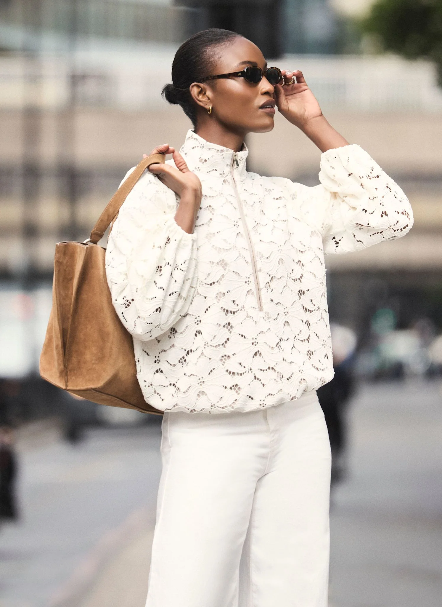 Cream Lace Half Zip Bomber Top