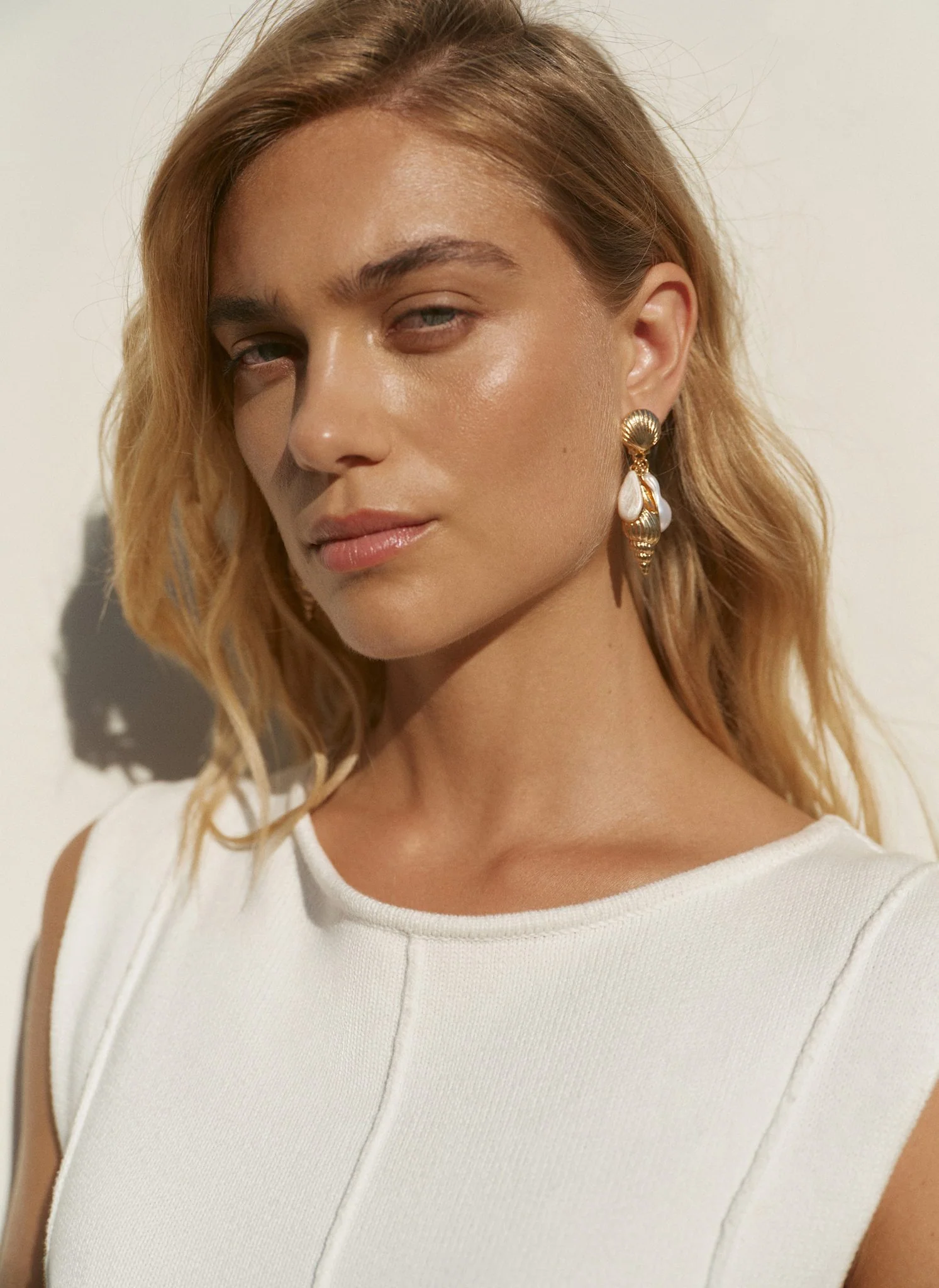 Gold Tone Shell Pearl Drop Earrings - Image 2